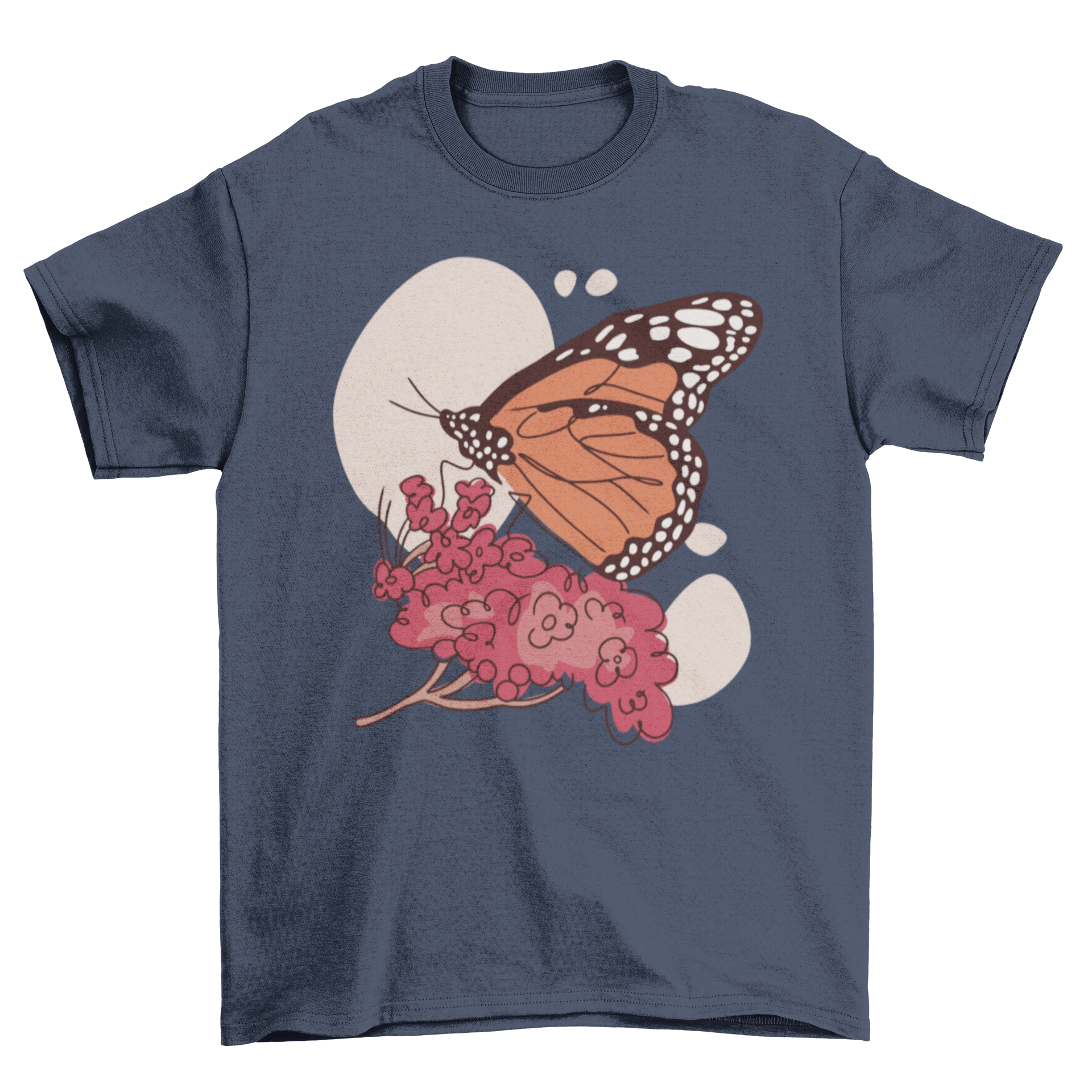 A stylish t-shirt featuring a hand-drawn monarch butterfly on milkweed, showcasing vibrant colors and intricate details.