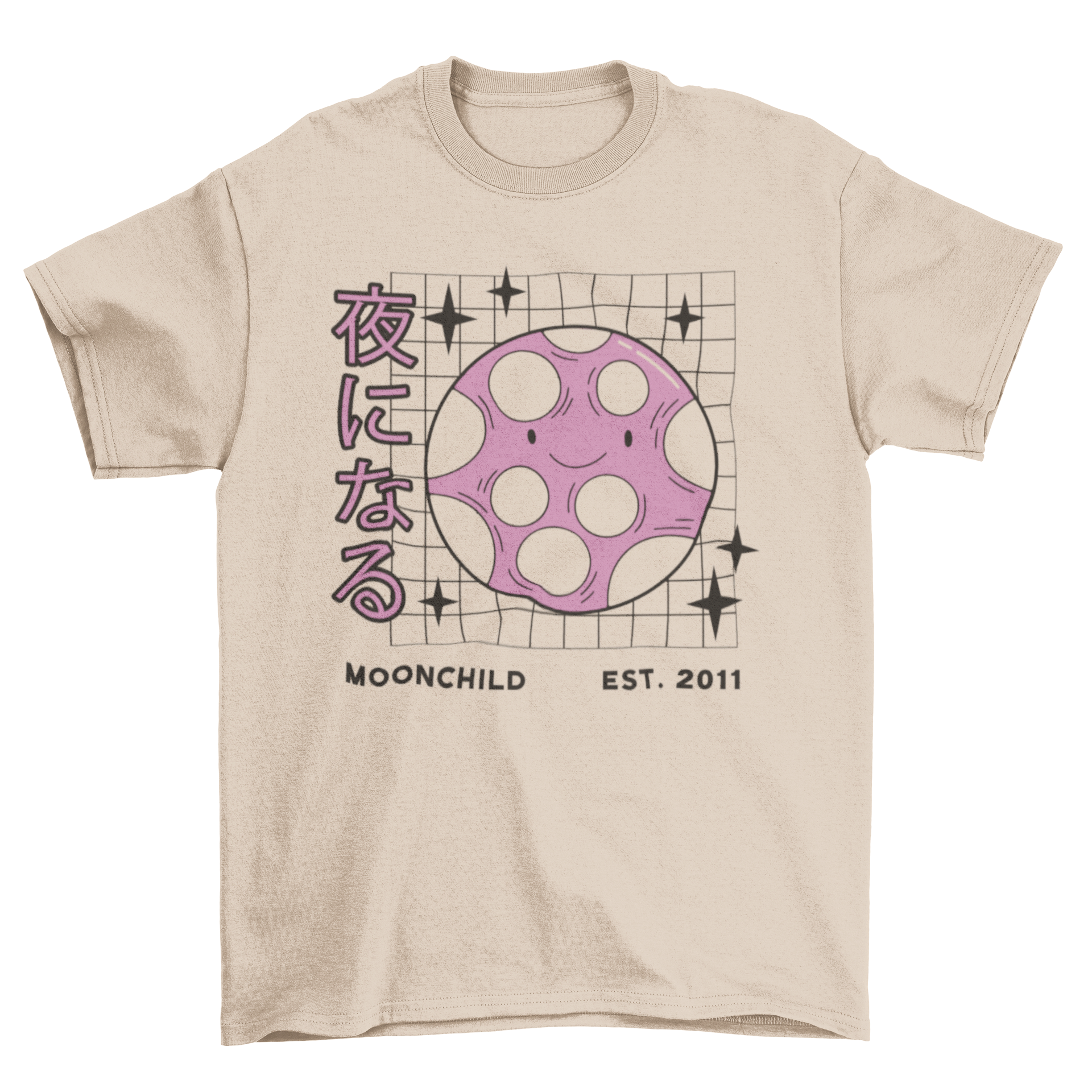 Moonchild cute t-shirt featuring a charming moon design next to the word 'Moonchild', perfect for casual wear.