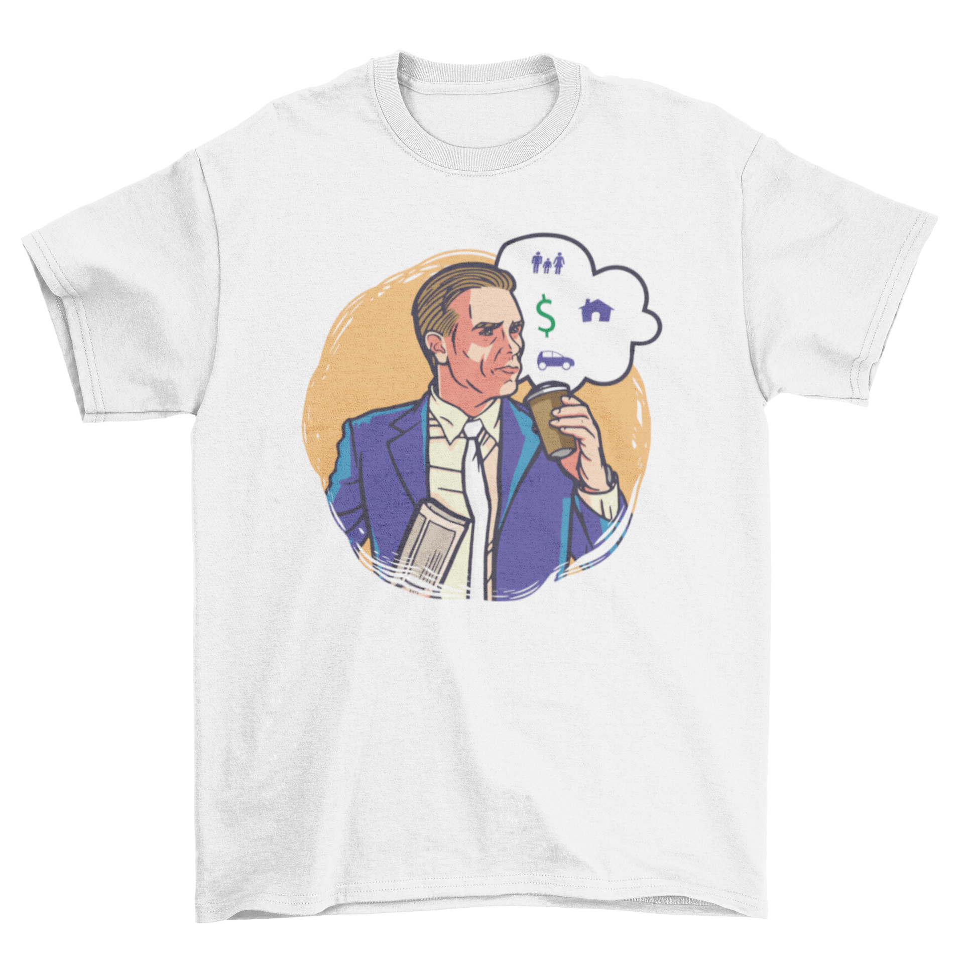 Money Expenses T-shirt design featuring a man with a thought bubble containing a dollar sign, house, family, and car.