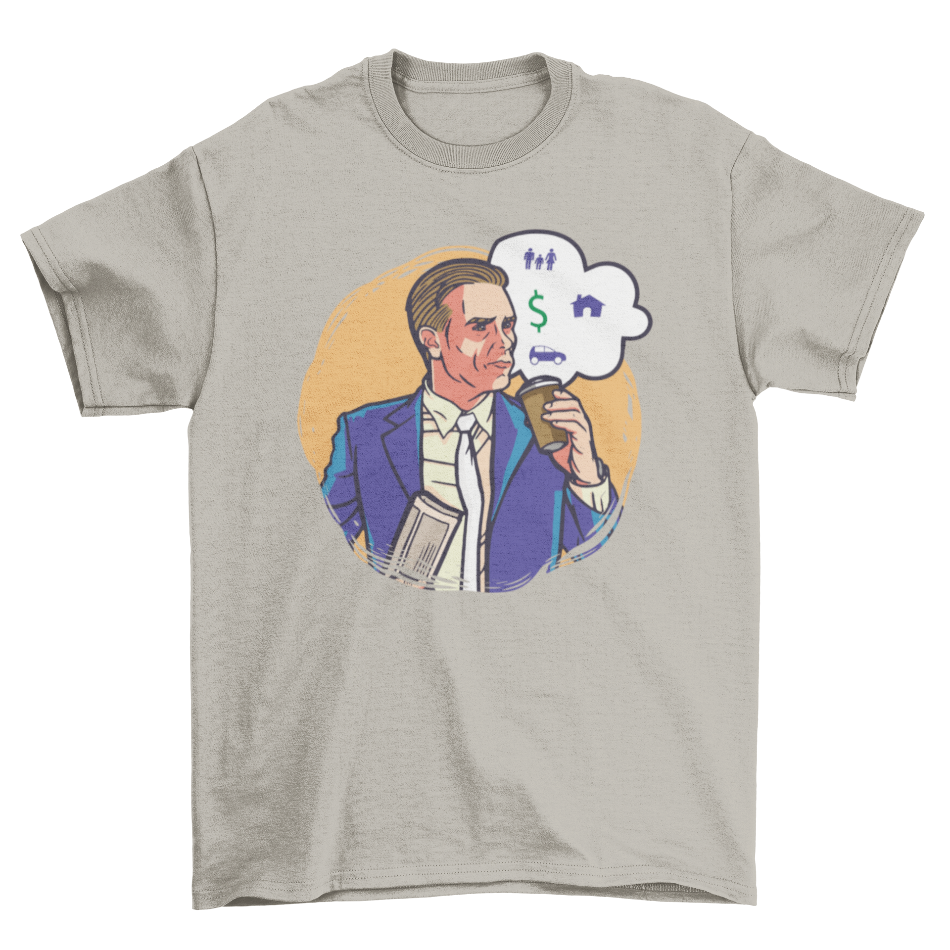 Money Expenses T-shirt design featuring a man with a thought bubble containing a dollar sign, house, family, and car.