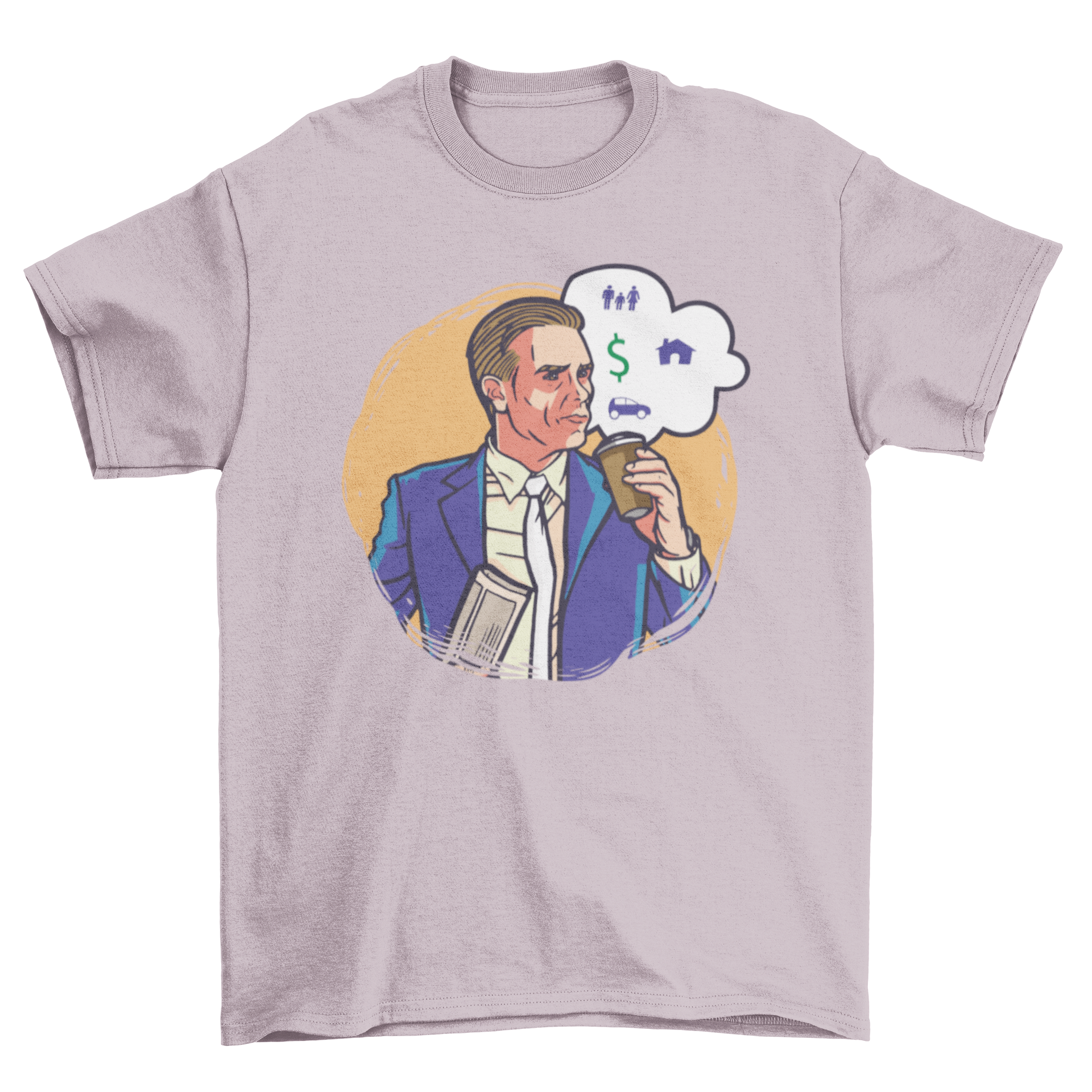 Money Expenses T-shirt design featuring a man with a thought bubble containing a dollar sign, house, family, and car.