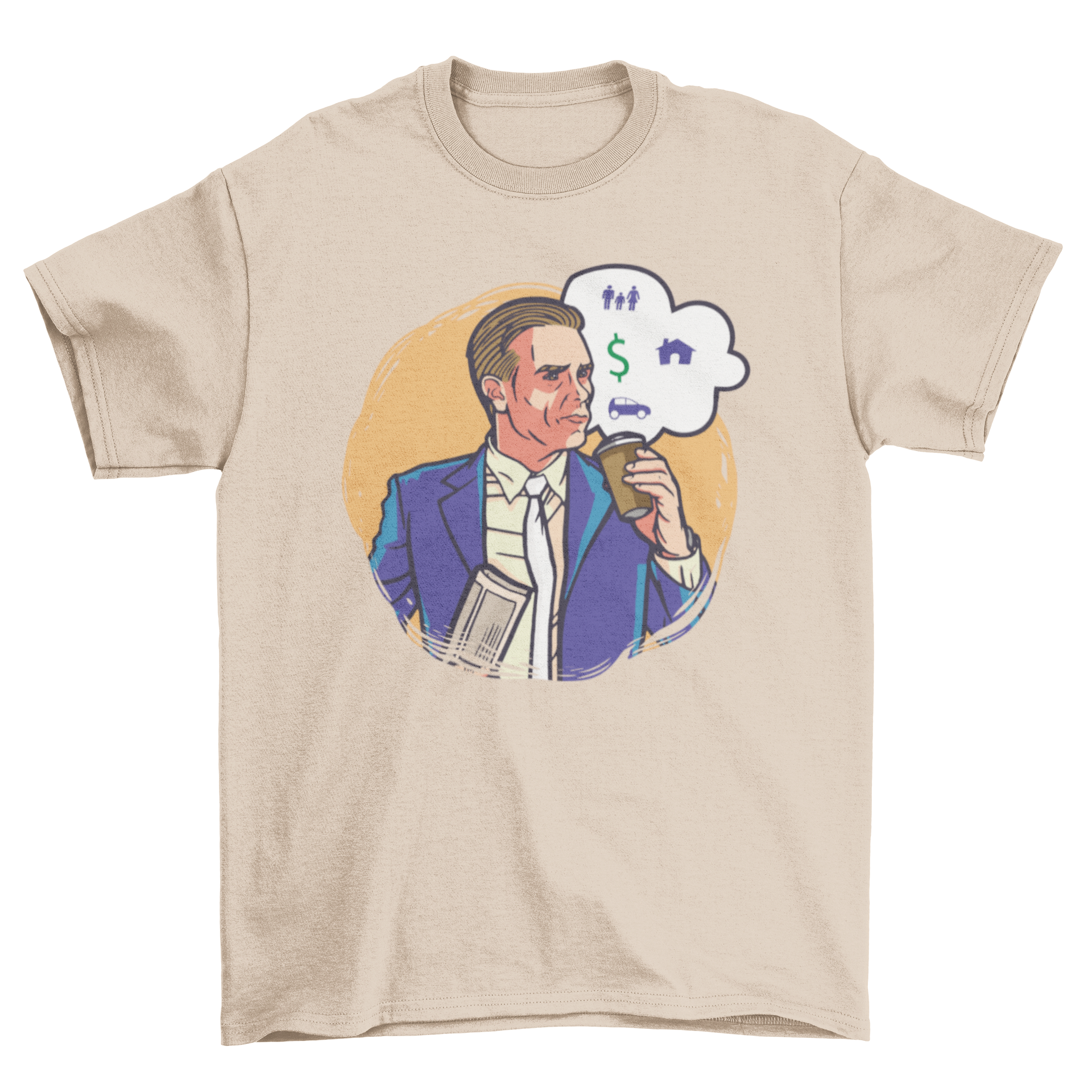 Money Expenses T-shirt design featuring a man with a thought bubble containing a dollar sign, house, family, and car.