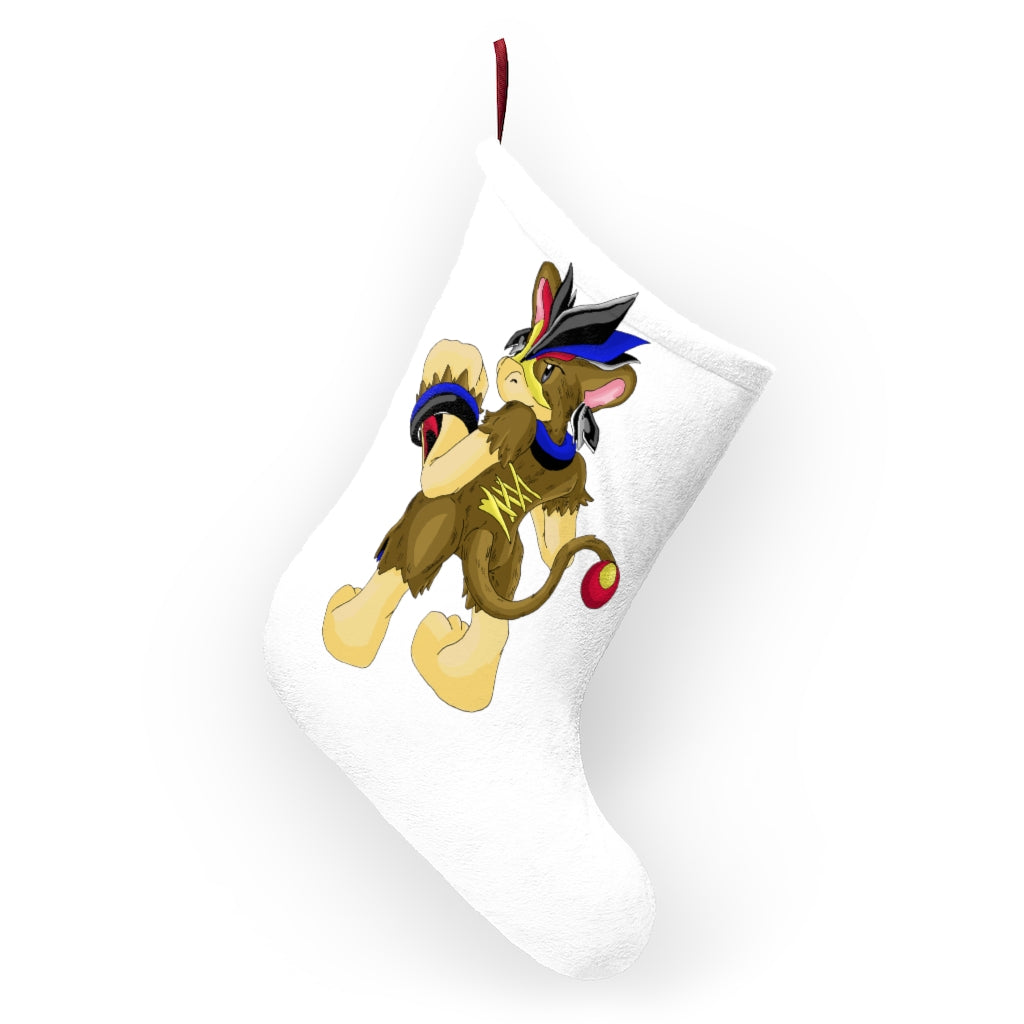 Moongenchen Christmas Stockings hanging by a fireplace, showcasing festive designs and a soft fleece texture.