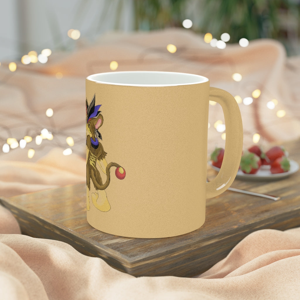 Moongenchen Metallic Mug in Silver and Gold with custom designs, showcasing a shiny finish and comfortable C-handle.