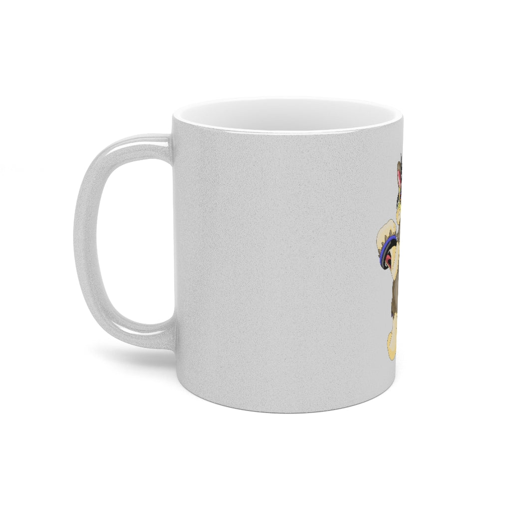 Moongenchen Metallic Mug in Silver and Gold with custom designs, showcasing a shiny finish and comfortable C-handle.