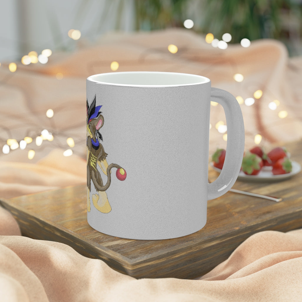 Moongenchen Metallic Mug in Silver and Gold with custom designs, showcasing a shiny finish and comfortable C-handle.