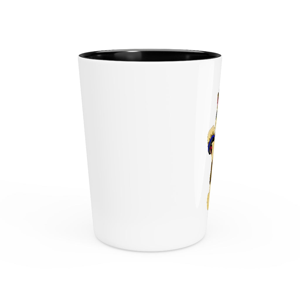 Personalized Moongenchen Shot Glass with white ceramic exterior and customizable black or white interior.