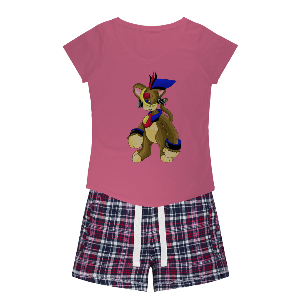 Moongenki Women's Sleepy Tee and Flannel Short set featuring a relaxed fit T-shirt and vibrant flannel shorts, perfect for cozy nights.