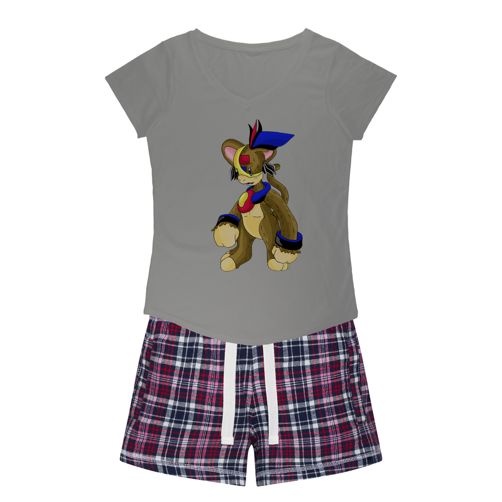 Moongenki Women's Sleepy Tee and Flannel Short set featuring a relaxed fit T-shirt and vibrant flannel shorts, perfect for cozy nights.