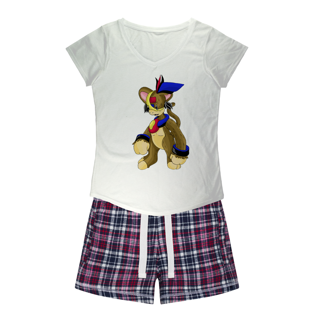 Moongenki Women's Sleepy Tee and Flannel Short set featuring a relaxed fit T-shirt and vibrant flannel shorts, perfect for cozy nights.