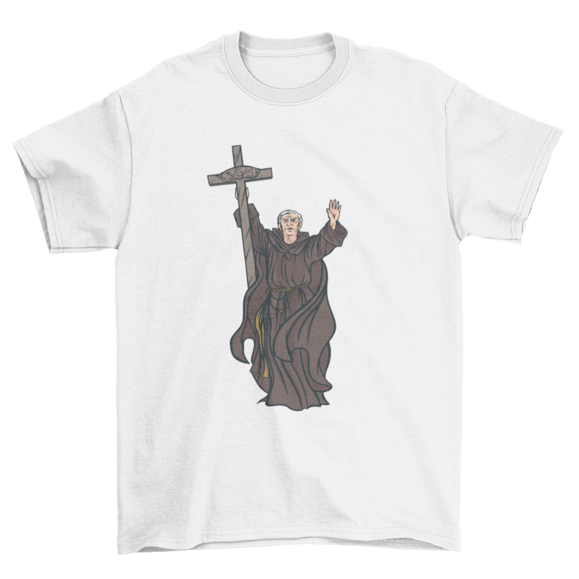 Monk Illustration T-shirt featuring a monk holding a cross, showcasing a unique and artistic design.