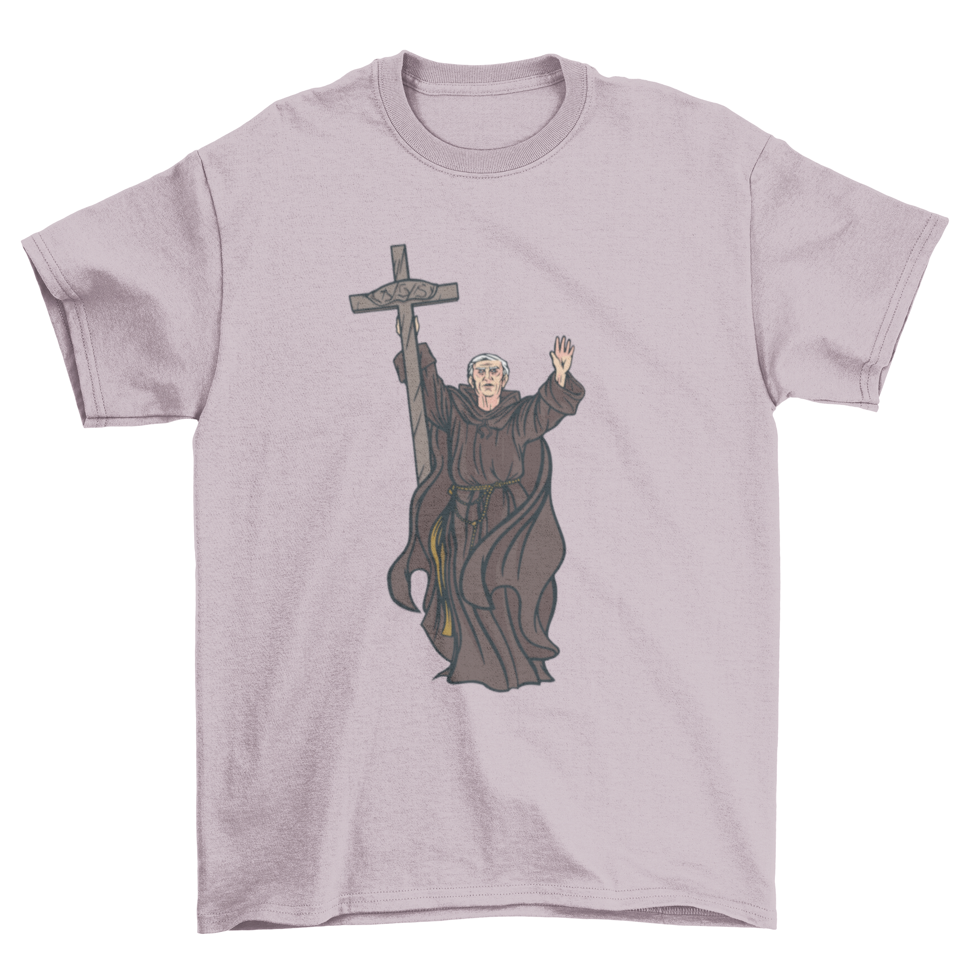 Monk Illustration T-shirt featuring a monk holding a cross, showcasing a unique and artistic design.