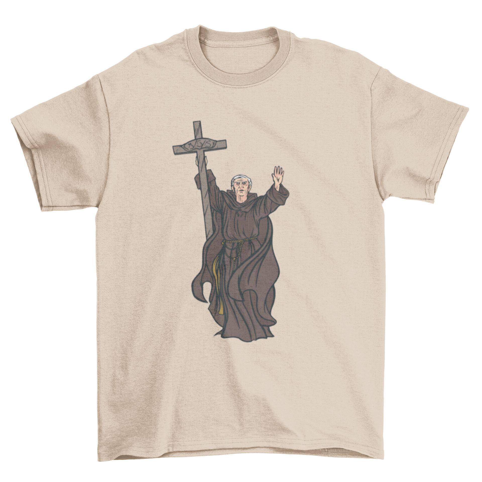 Monk Illustration T-shirt featuring a monk holding a cross, showcasing a unique and artistic design.