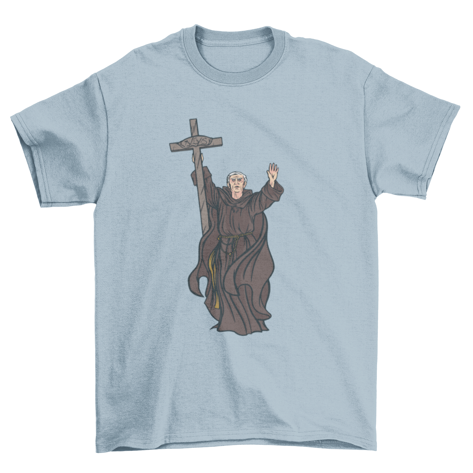 Monk Illustration T-shirt featuring a monk holding a cross, showcasing a unique and artistic design.