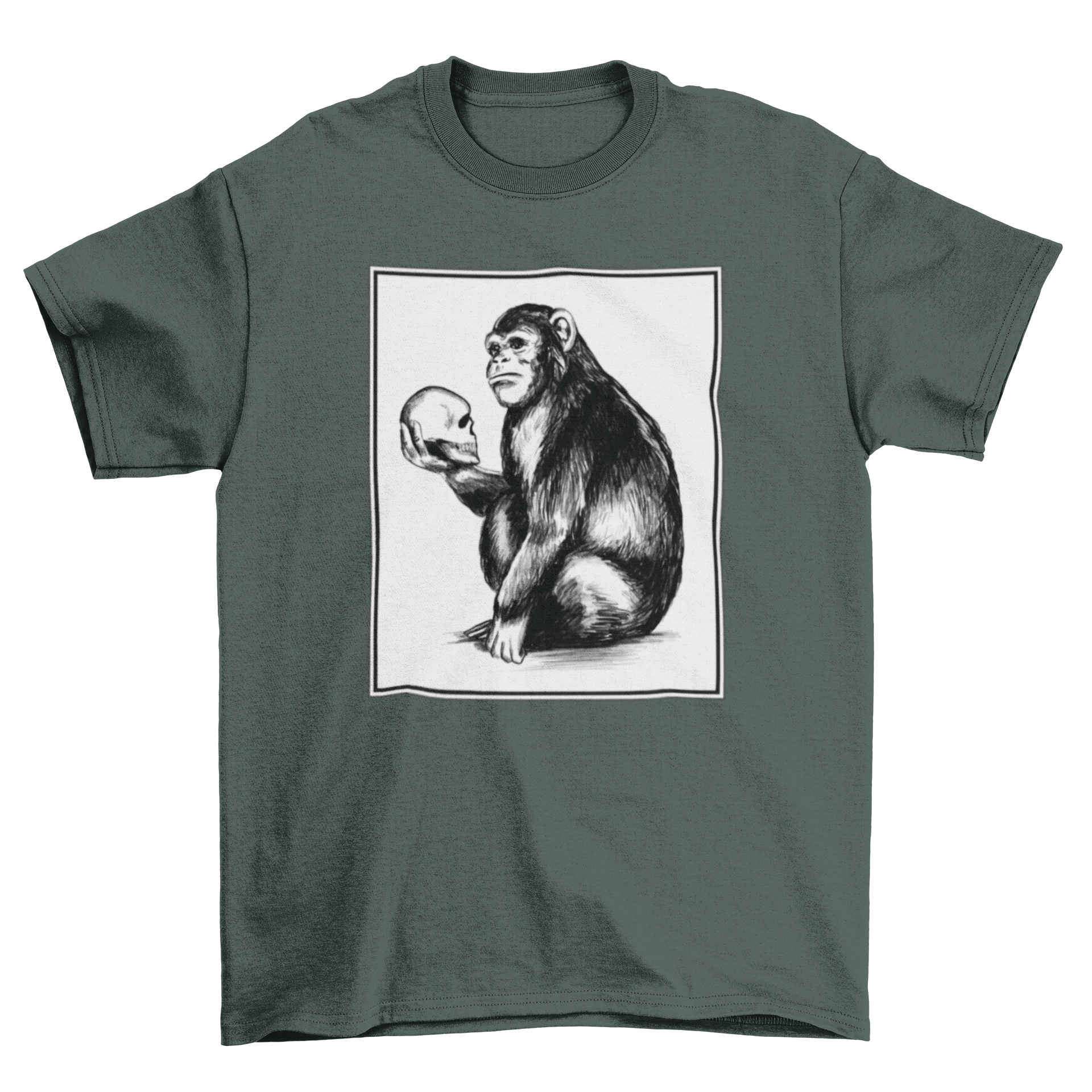 A stylish t-shirt featuring a playful monkey holding a skull, perfect for animal lovers.