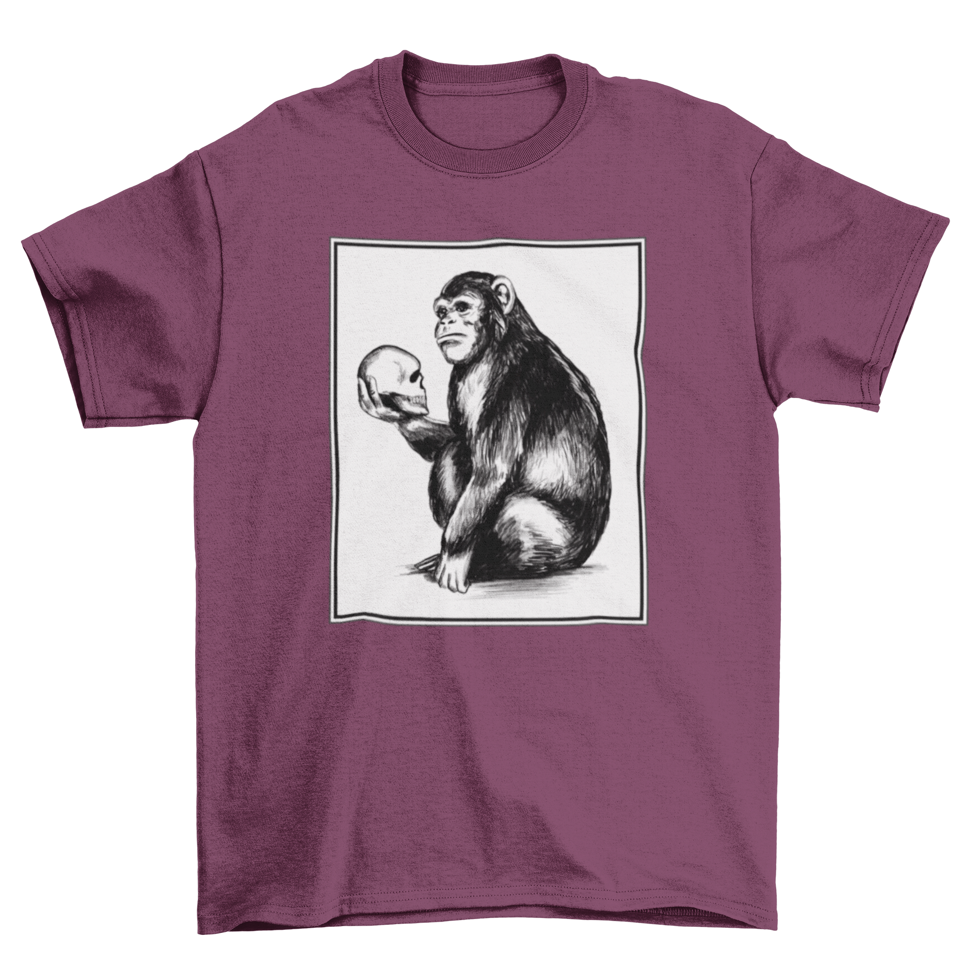 A stylish t-shirt featuring a playful monkey holding a skull, perfect for animal lovers.