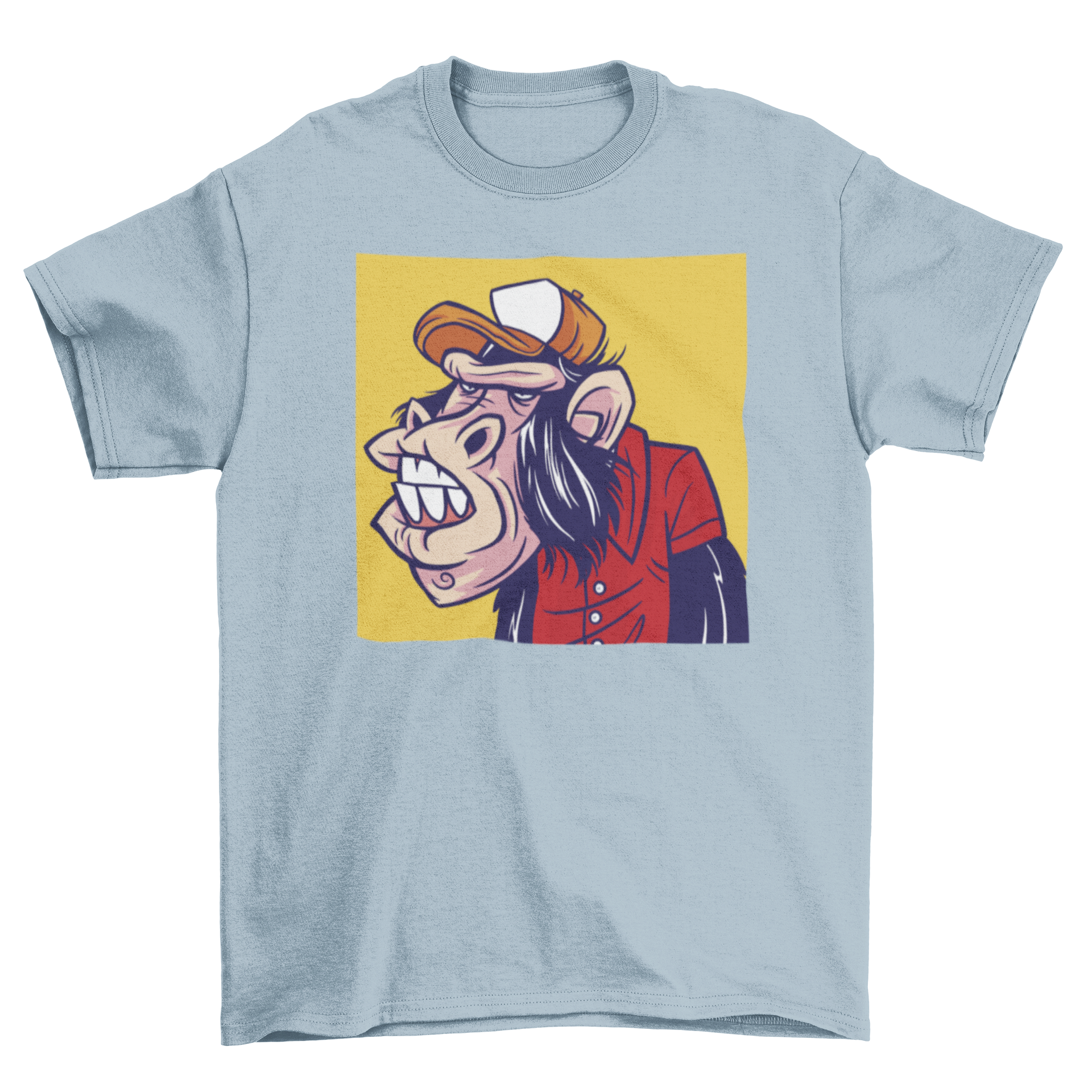 A vibrant cartoon t-shirt featuring a playful monkey wearing a colorful hat and shirt, perfect for casual wear.