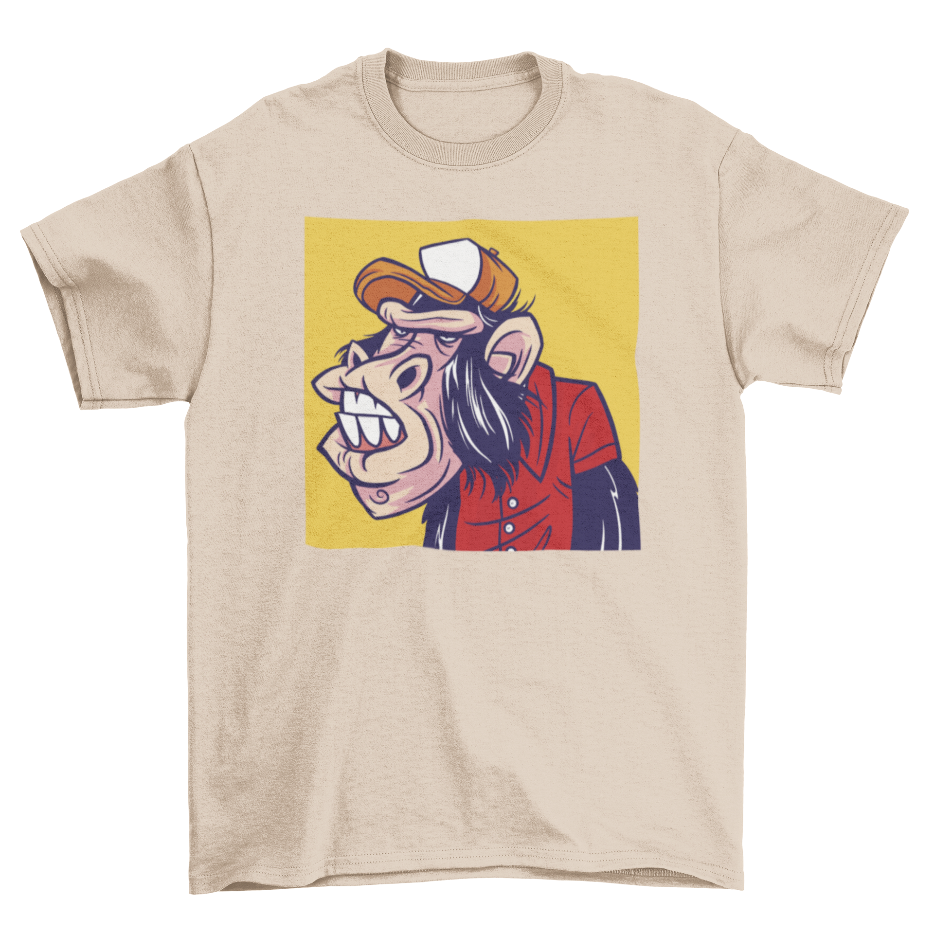 A vibrant cartoon t-shirt featuring a playful monkey wearing a colorful hat and shirt, perfect for casual wear.