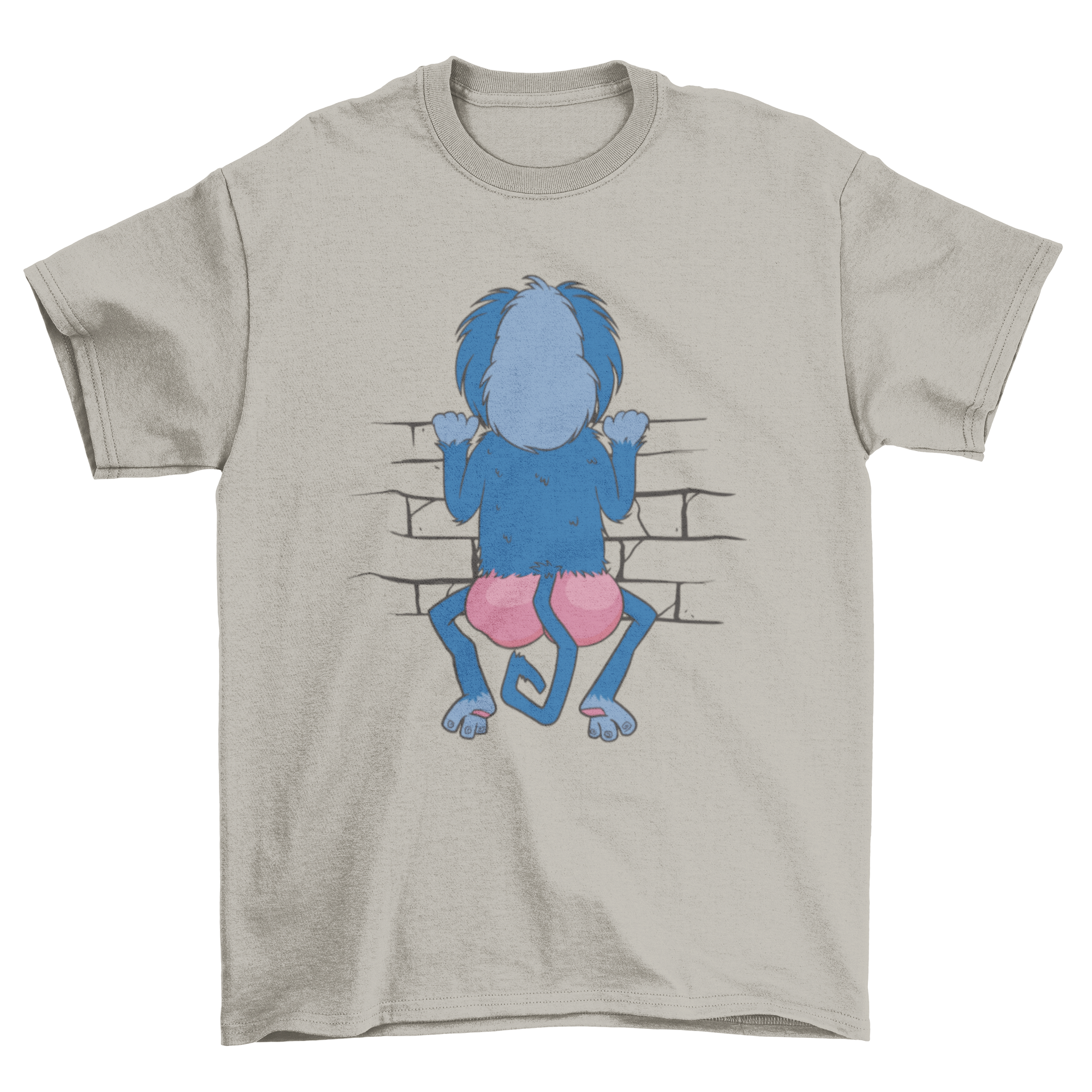 A playful t-shirt featuring a monkey looking over a wall, showcasing a vibrant and fun design.