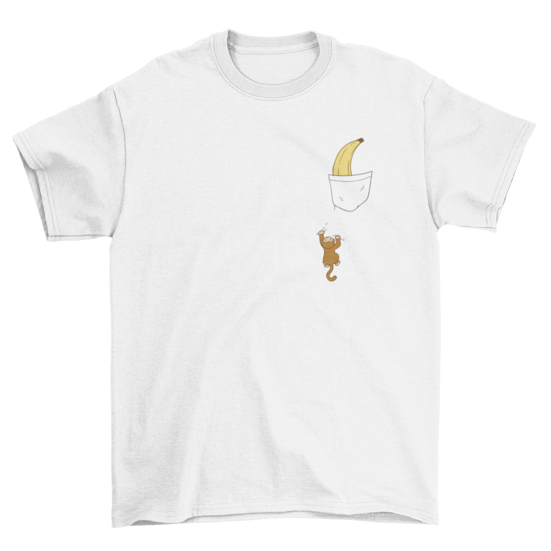 A humorous t-shirt design featuring a monkey climbing towards a banana on a shirt pocket, showcasing playful and fun fashion.