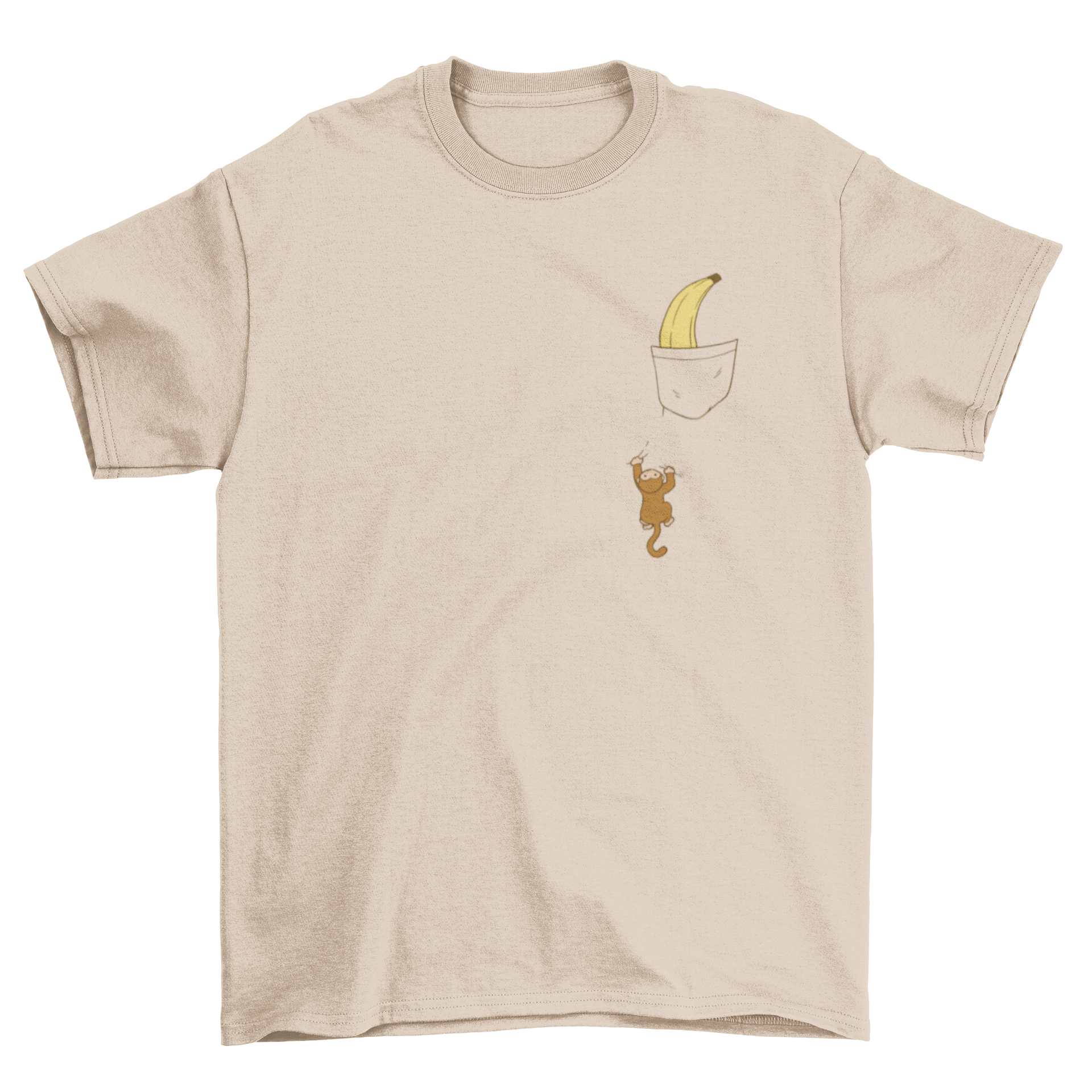 A humorous t-shirt design featuring a monkey climbing towards a banana on a shirt pocket, showcasing playful and fun fashion.