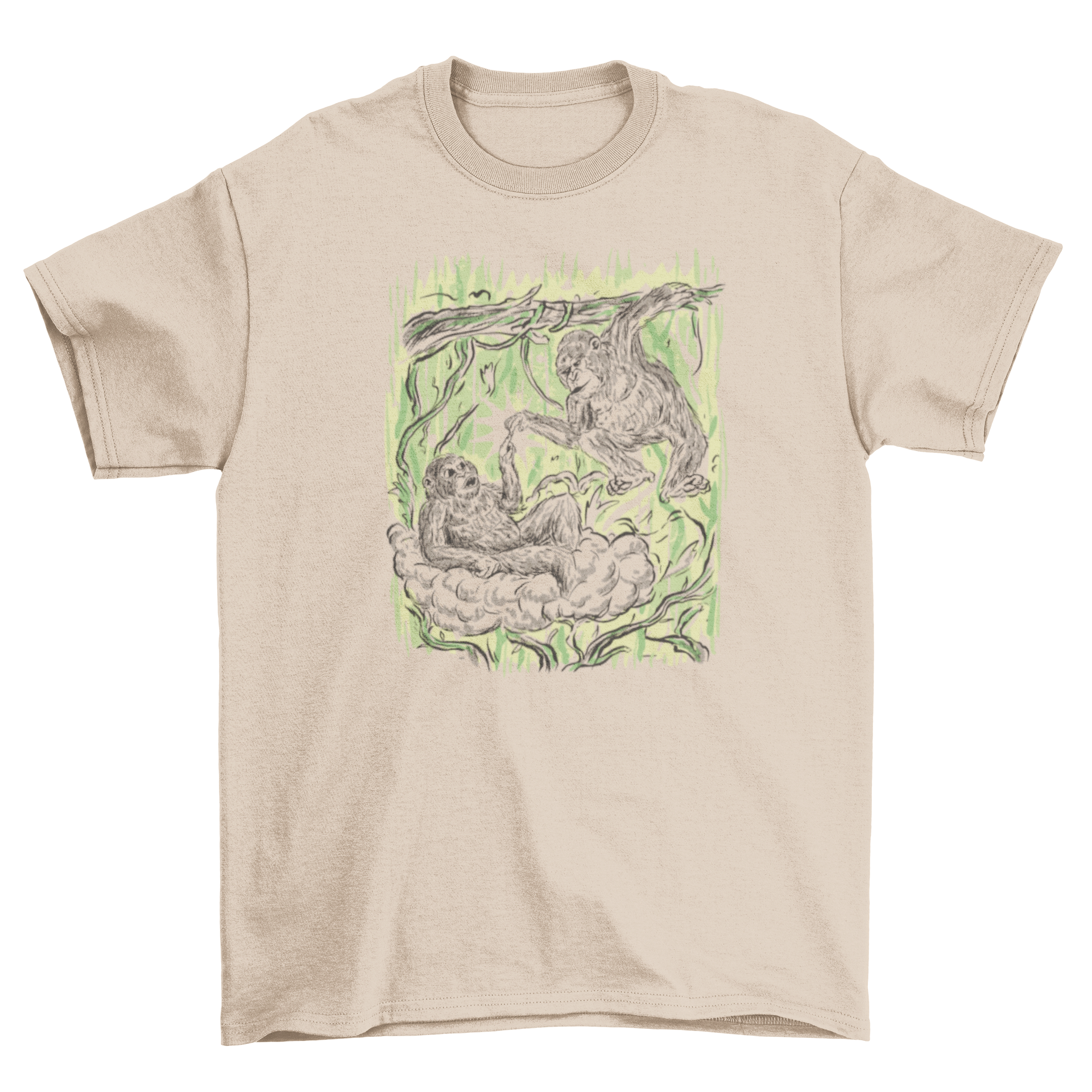 Monkey Creation T-shirt featuring a playful design inspired by The Creation of Adam, showcasing monkeys in a humorous reinterpretation.