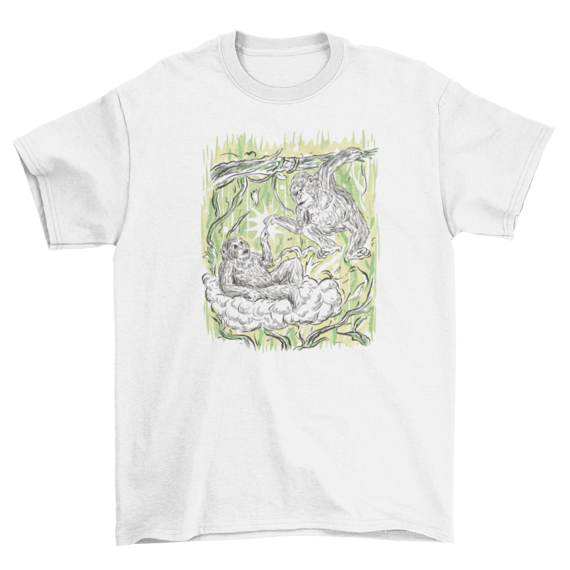 Monkey Creation T-shirt featuring a playful design inspired by The Creation of Adam, showcasing monkeys in a humorous reinterpretation.