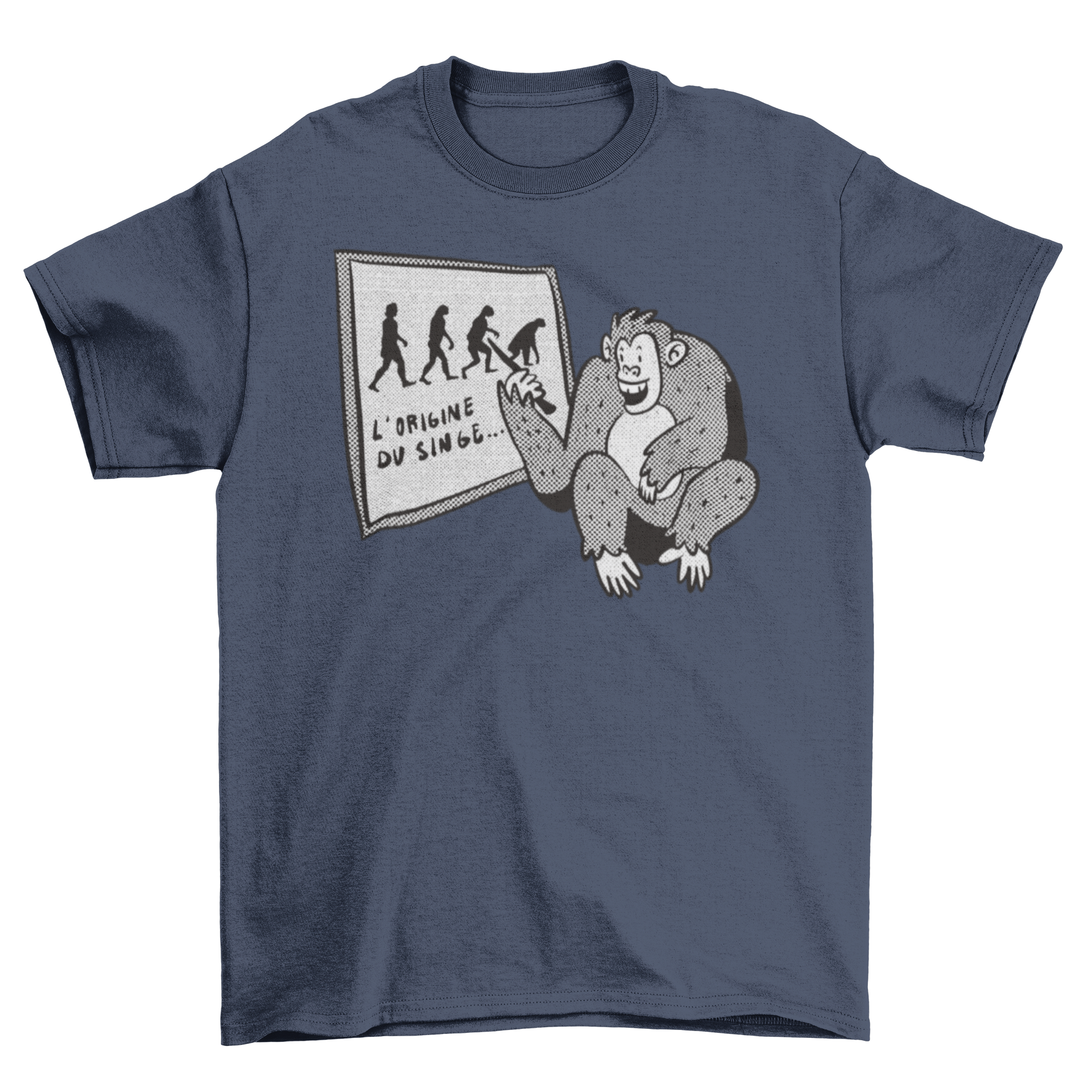 A humorous t-shirt featuring a monkey and an evolution chart, perfect for classroom settings.