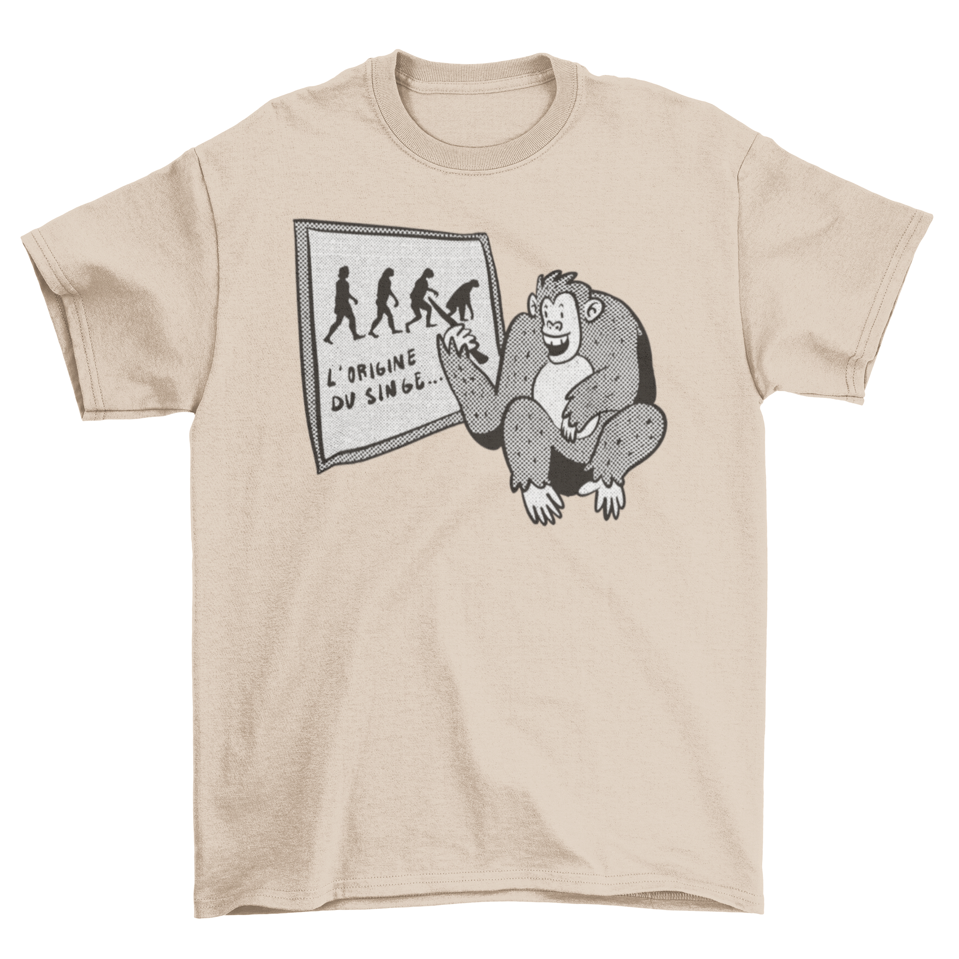 A humorous t-shirt featuring a monkey and an evolution chart, perfect for classroom settings.