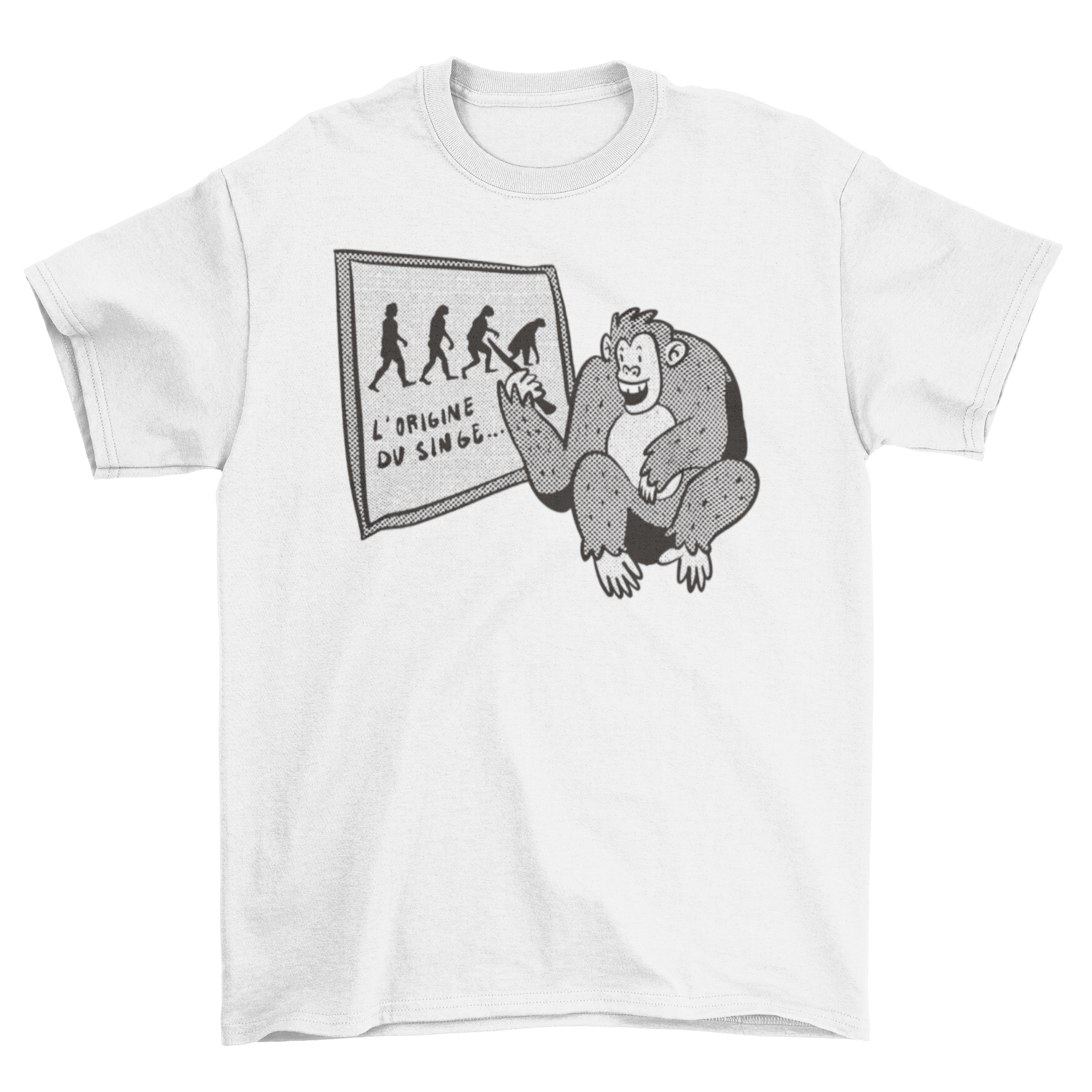 A humorous t-shirt featuring a monkey and an evolution chart, perfect for classroom settings.