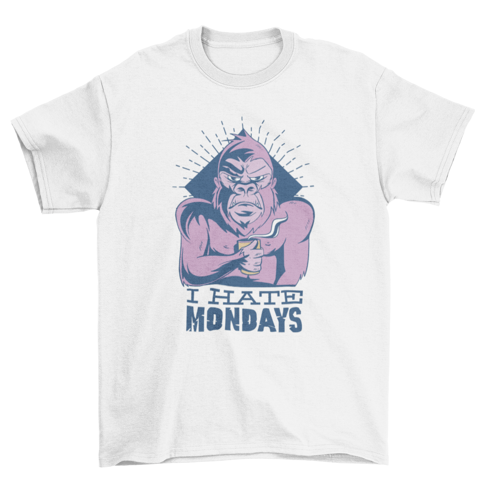 A playful T-shirt featuring a cartoon monkey holding a coffee cup with the quote 'I HATE MONDAYS' printed below.