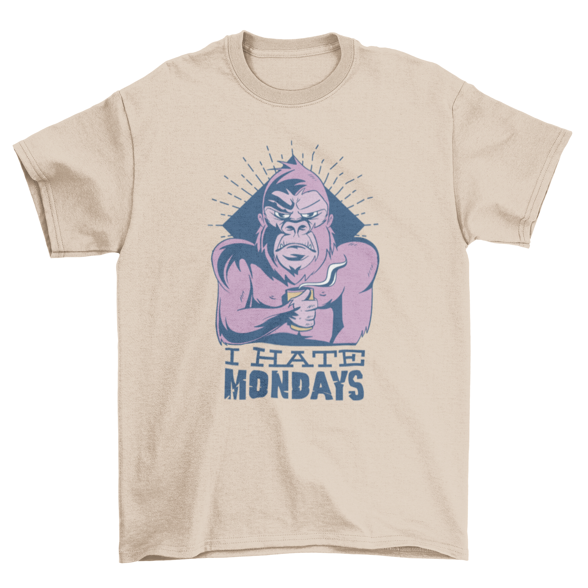 A playful T-shirt featuring a cartoon monkey holding a coffee cup with the quote 'I HATE MONDAYS' printed below.