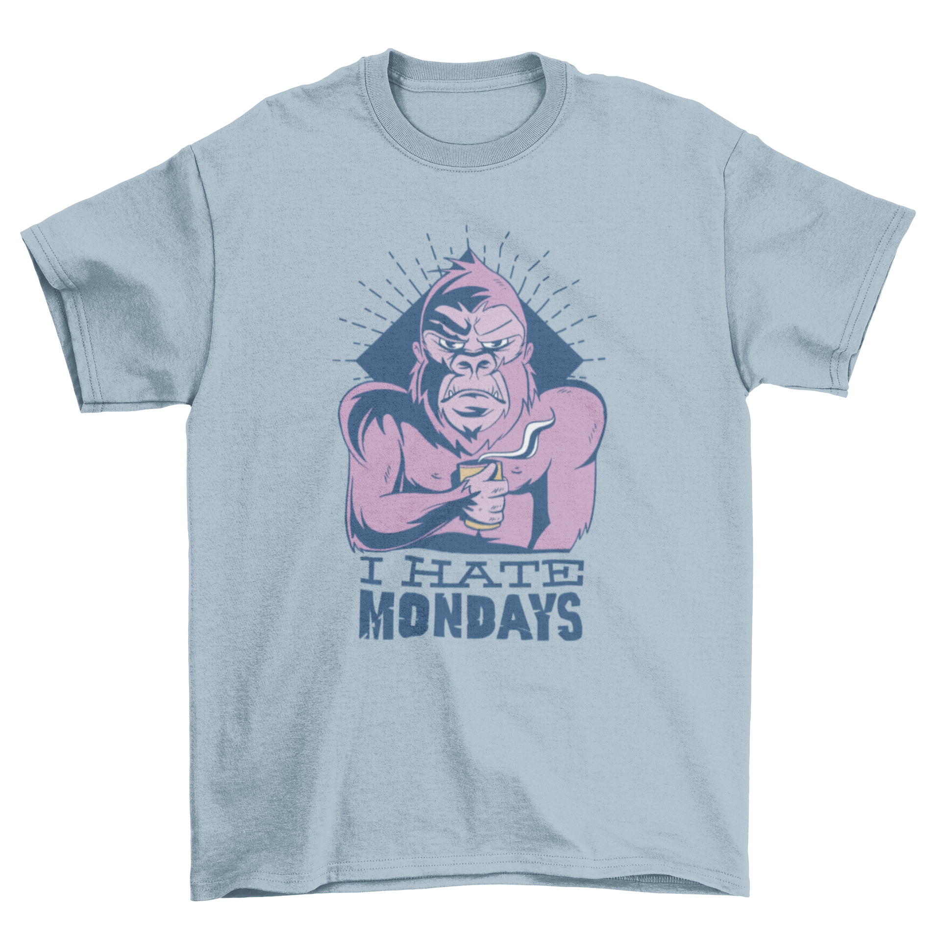 A playful T-shirt featuring a cartoon monkey holding a coffee cup with the quote 'I HATE MONDAYS' printed below.