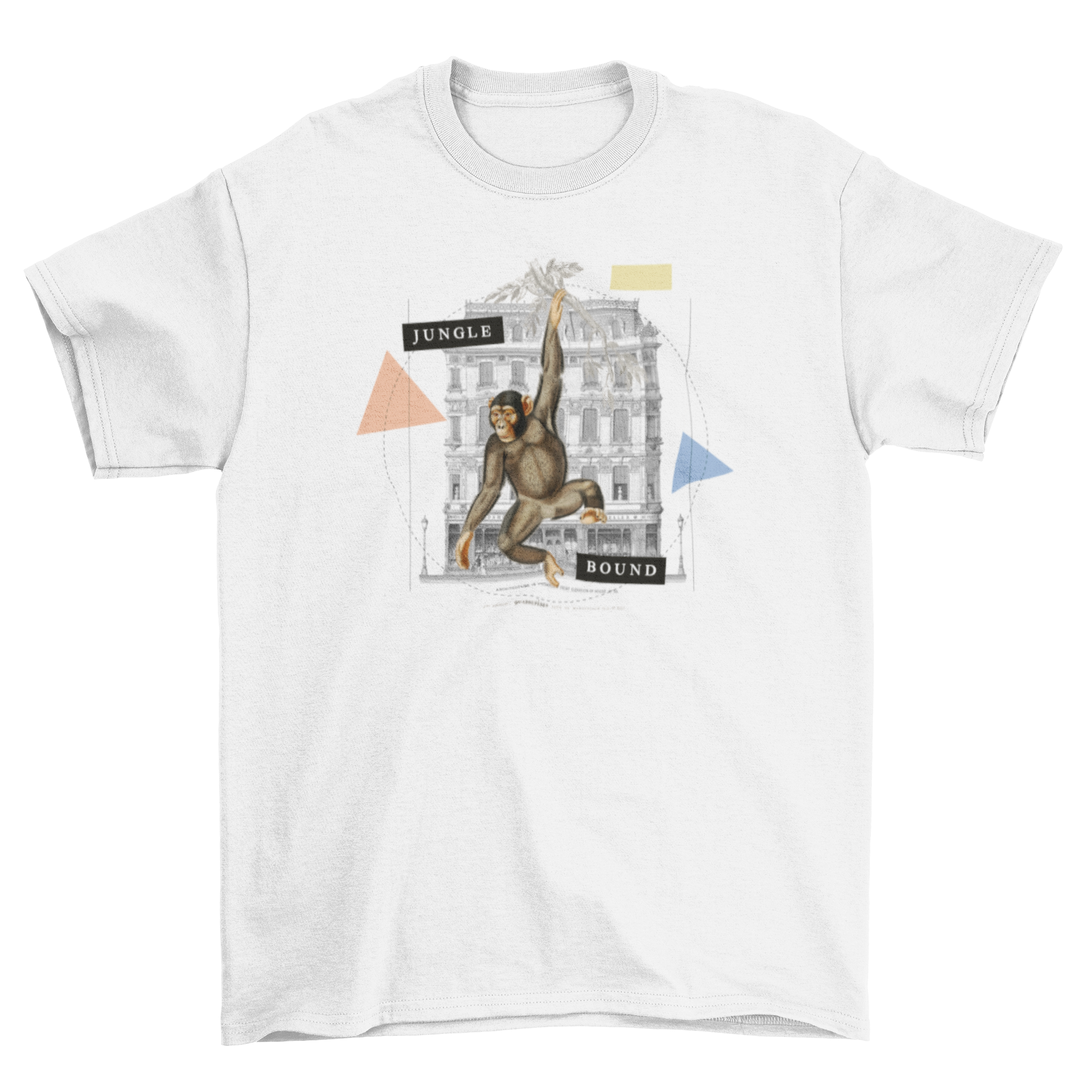 A vibrant t-shirt featuring a monkey climbing a building with geometric shapes and the quote 'Jungle bound'.