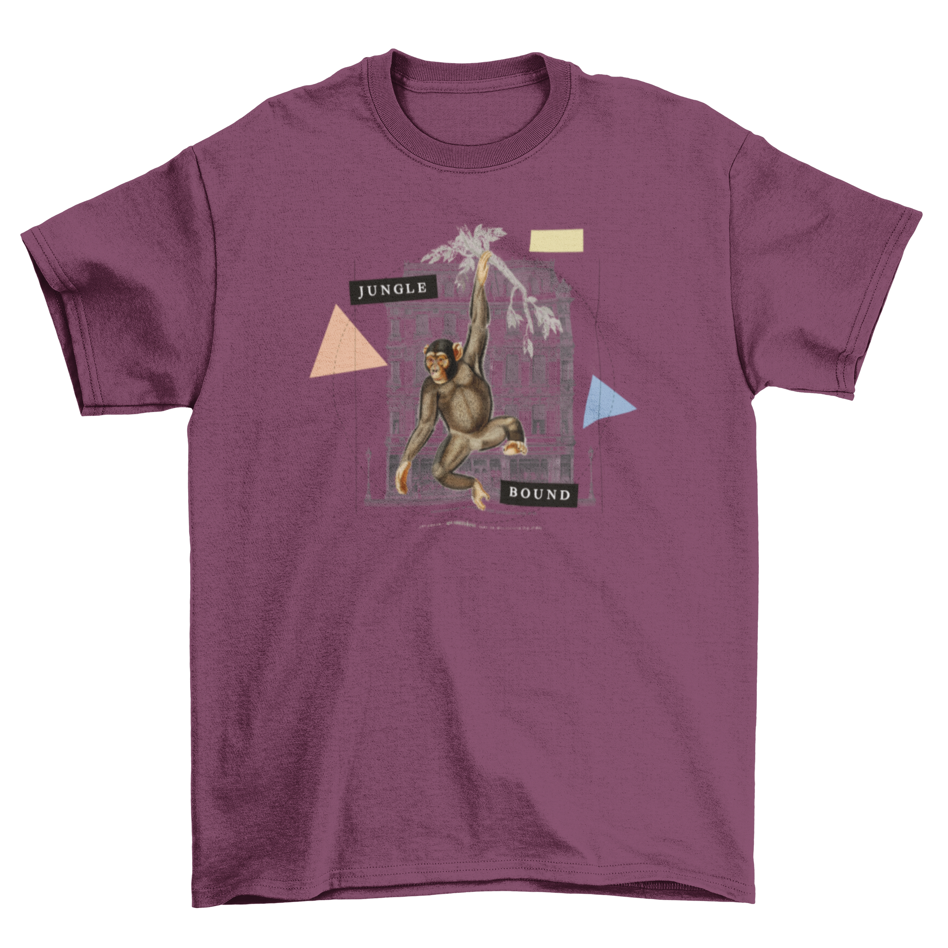 A vibrant t-shirt featuring a monkey climbing a building with geometric shapes and the quote 'Jungle bound'.