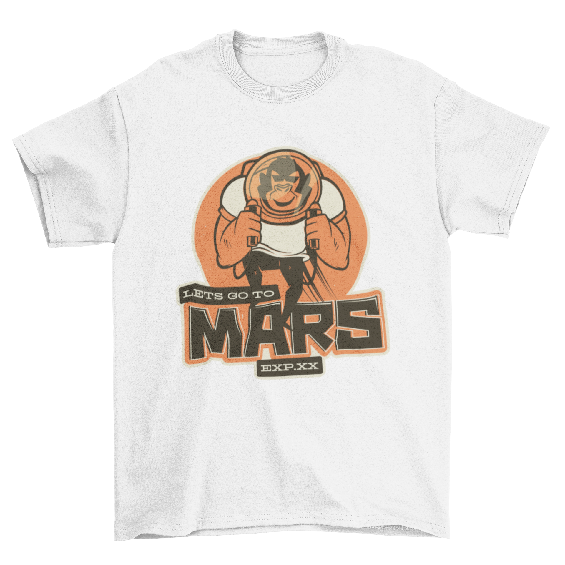 A playful t-shirt design featuring an astronaut monkey with the quote 'Let's go to Mars', showcasing vibrant colors and a fun theme.