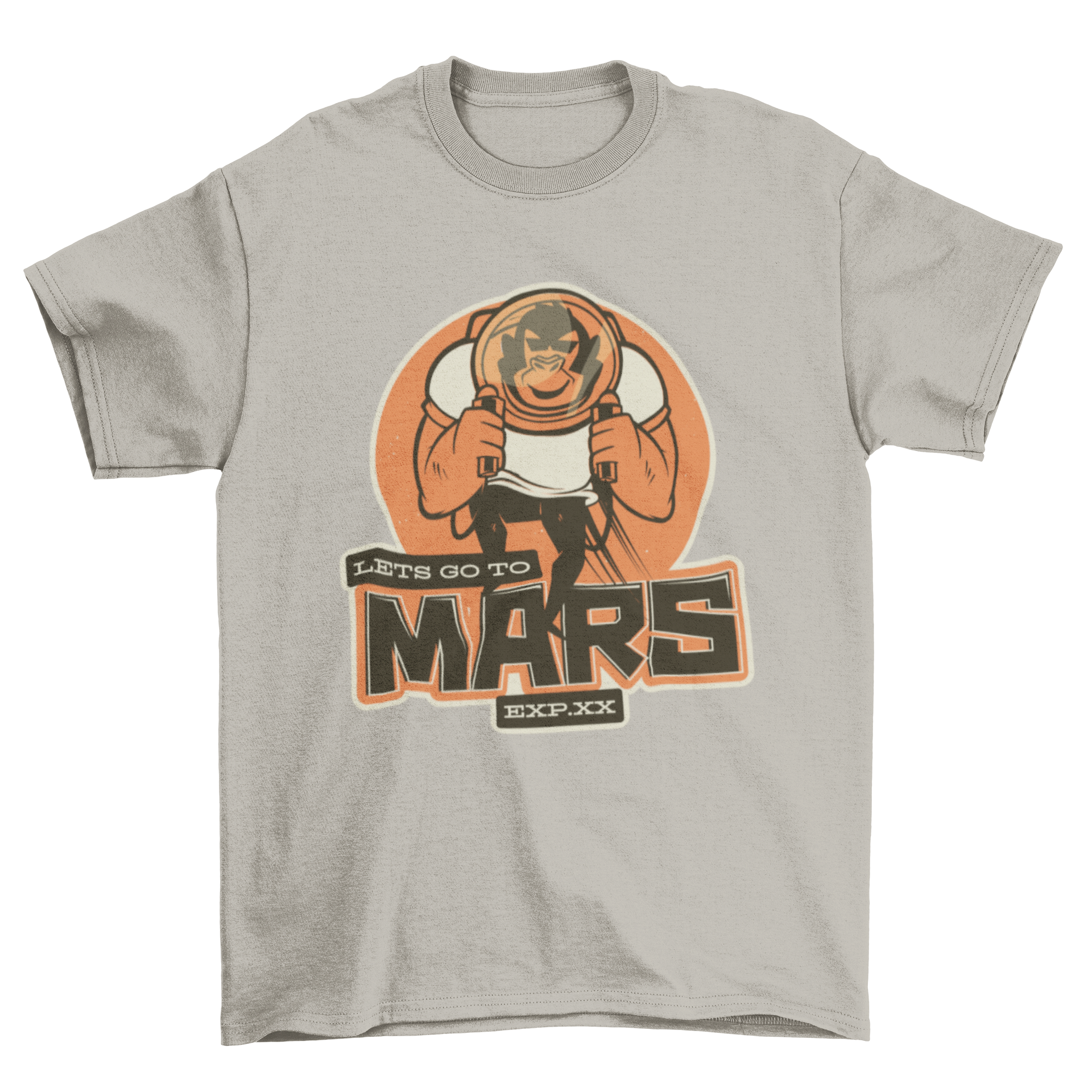 A playful t-shirt design featuring an astronaut monkey with the quote 'Let's go to Mars', showcasing vibrant colors and a fun theme.