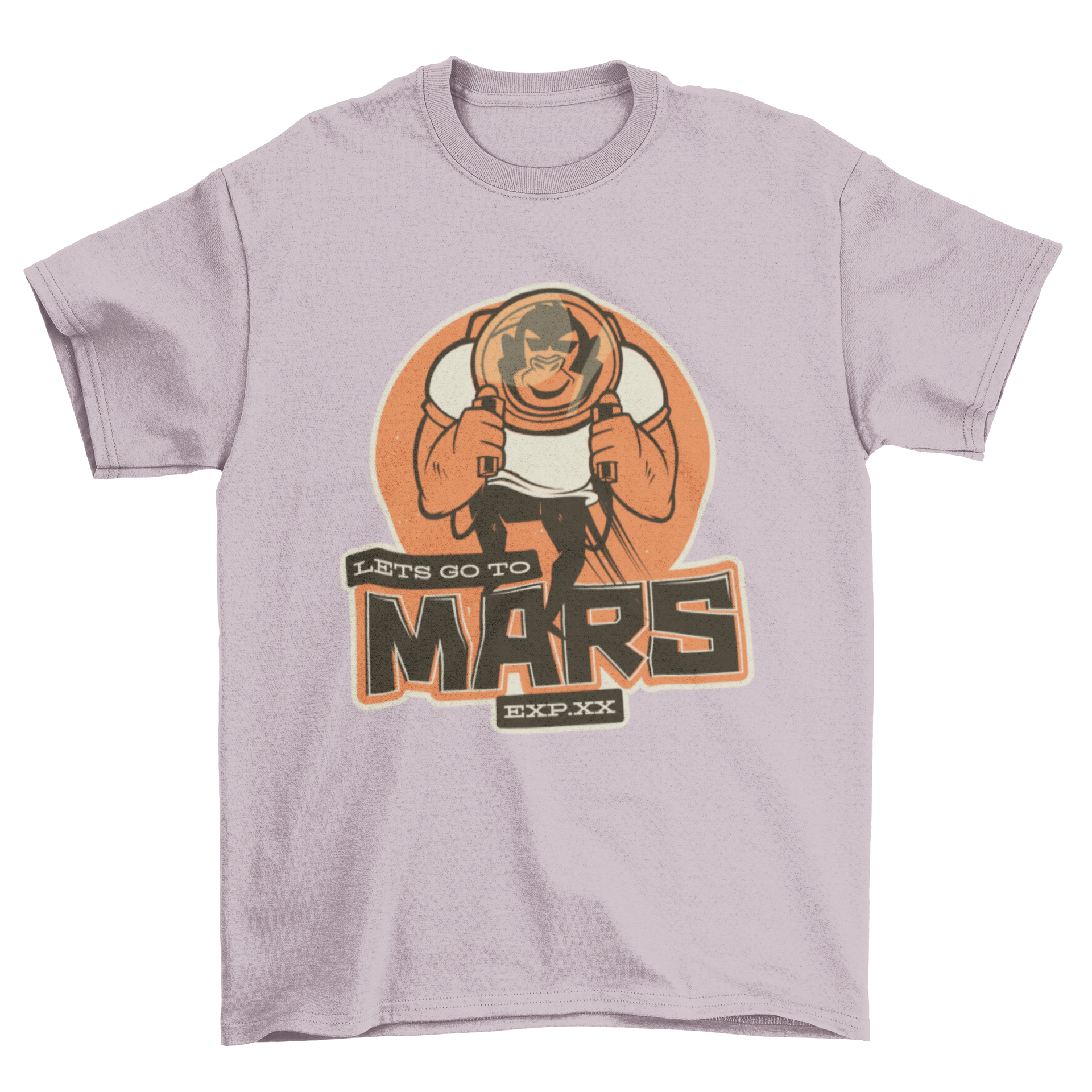 A playful t-shirt design featuring an astronaut monkey with the quote 'Let's go to Mars', showcasing vibrant colors and a fun theme.