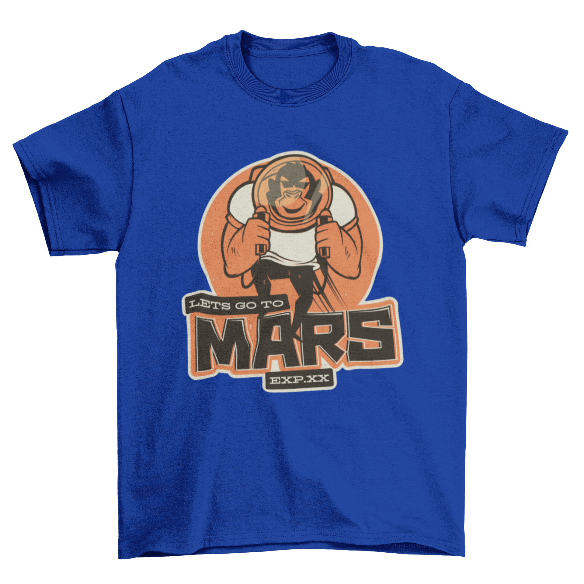 A playful t-shirt design featuring an astronaut monkey with the quote 'Let's go to Mars', showcasing vibrant colors and a fun theme.