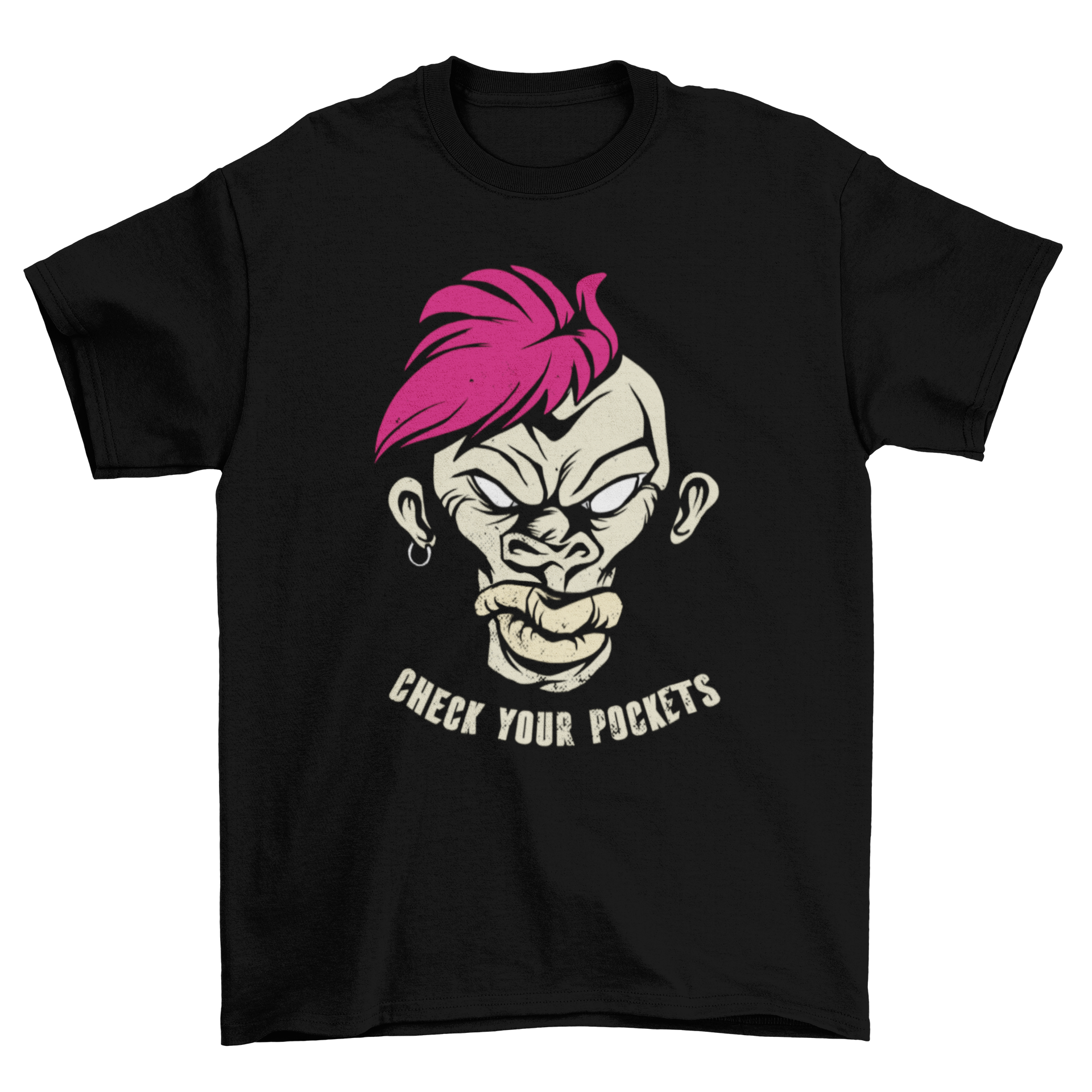 Monkey Pockets T-Shirt featuring a tough monkey with pink hair and the quote 'Check your pockets'.