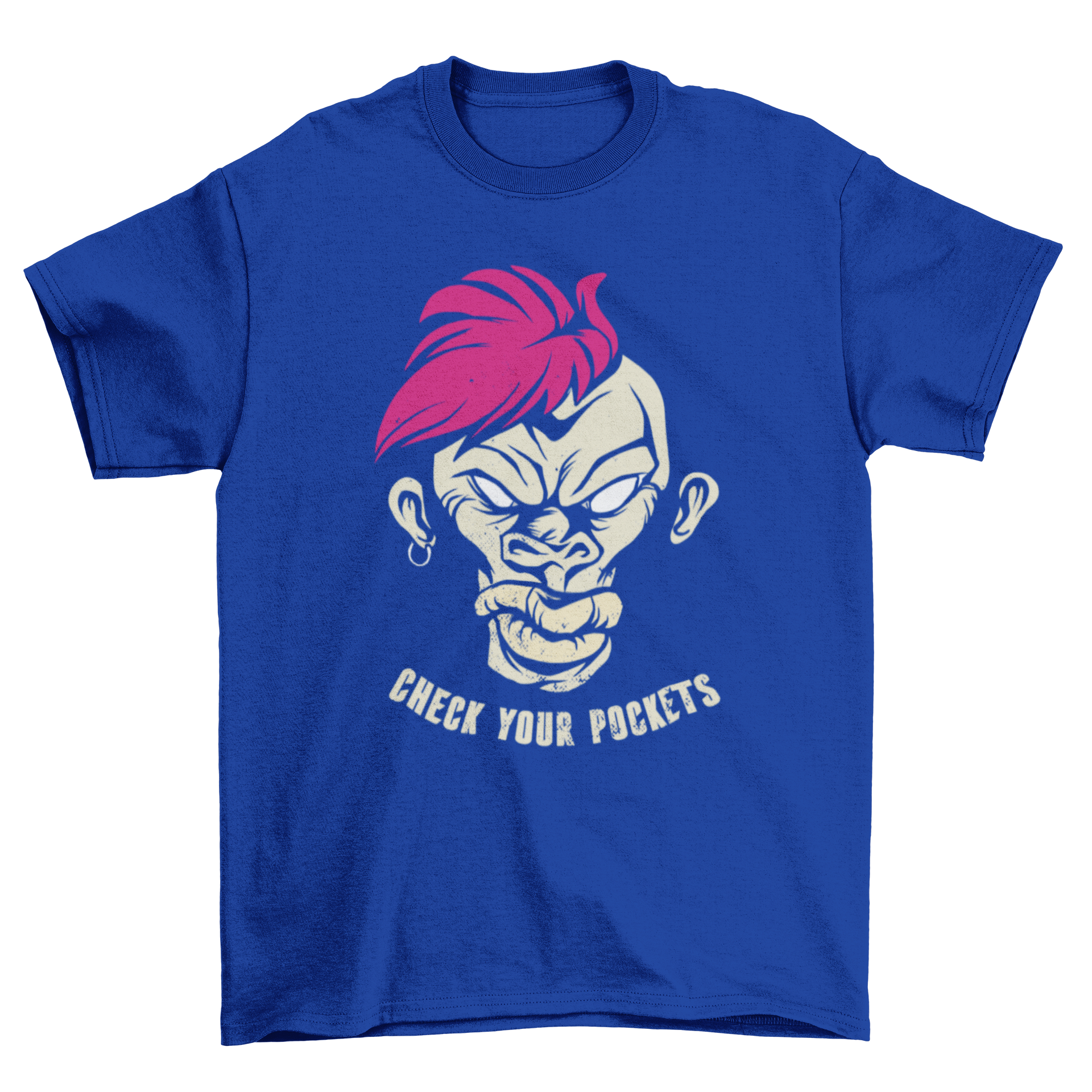 Monkey Pockets T-Shirt featuring a tough monkey with pink hair and the quote 'Check your pockets'.