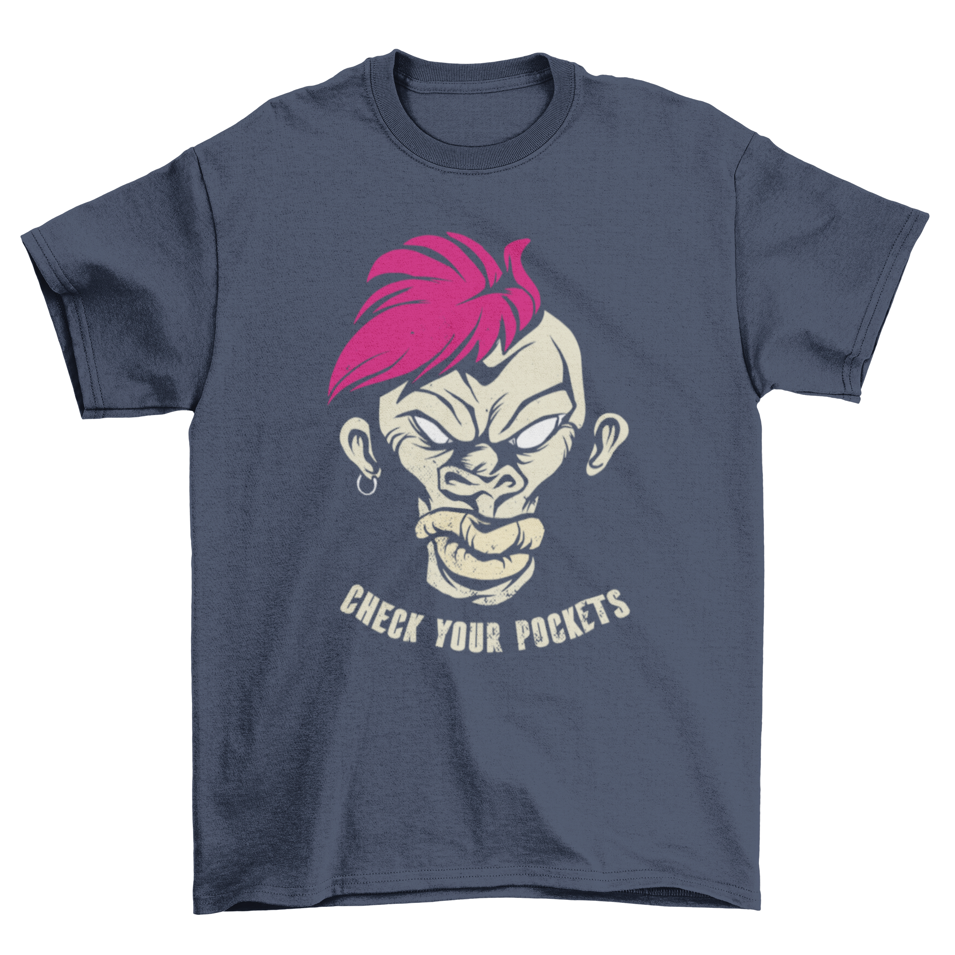 Monkey Pockets T-Shirt featuring a tough monkey with pink hair and the quote 'Check your pockets'.