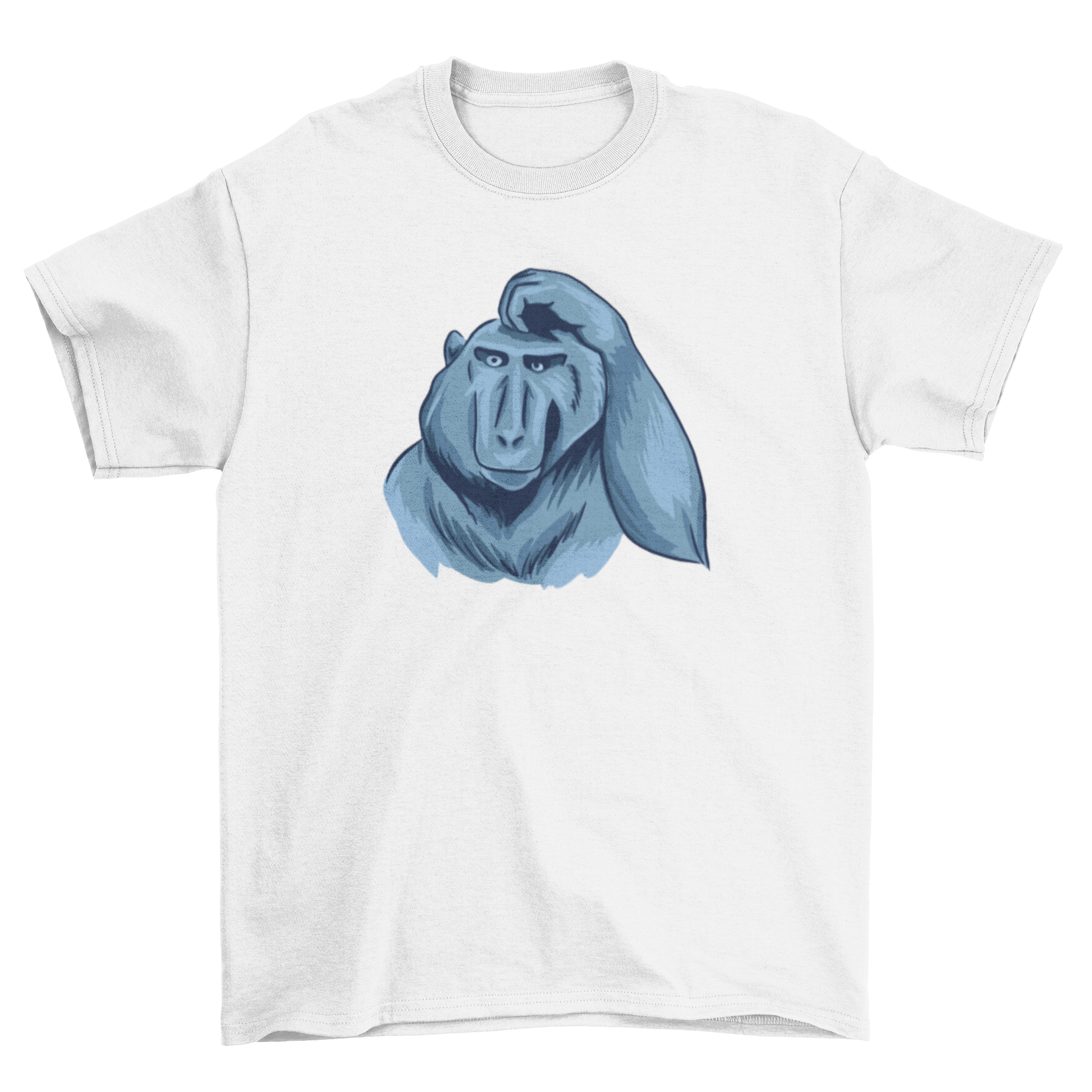 A playful t-shirt featuring a monkey scratching its head, showcasing a fun and quirky design.