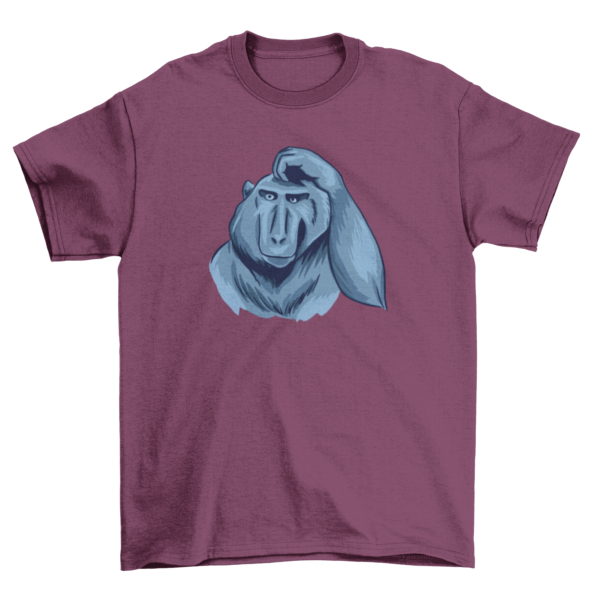 A playful t-shirt featuring a monkey scratching its head, showcasing a fun and quirky design.