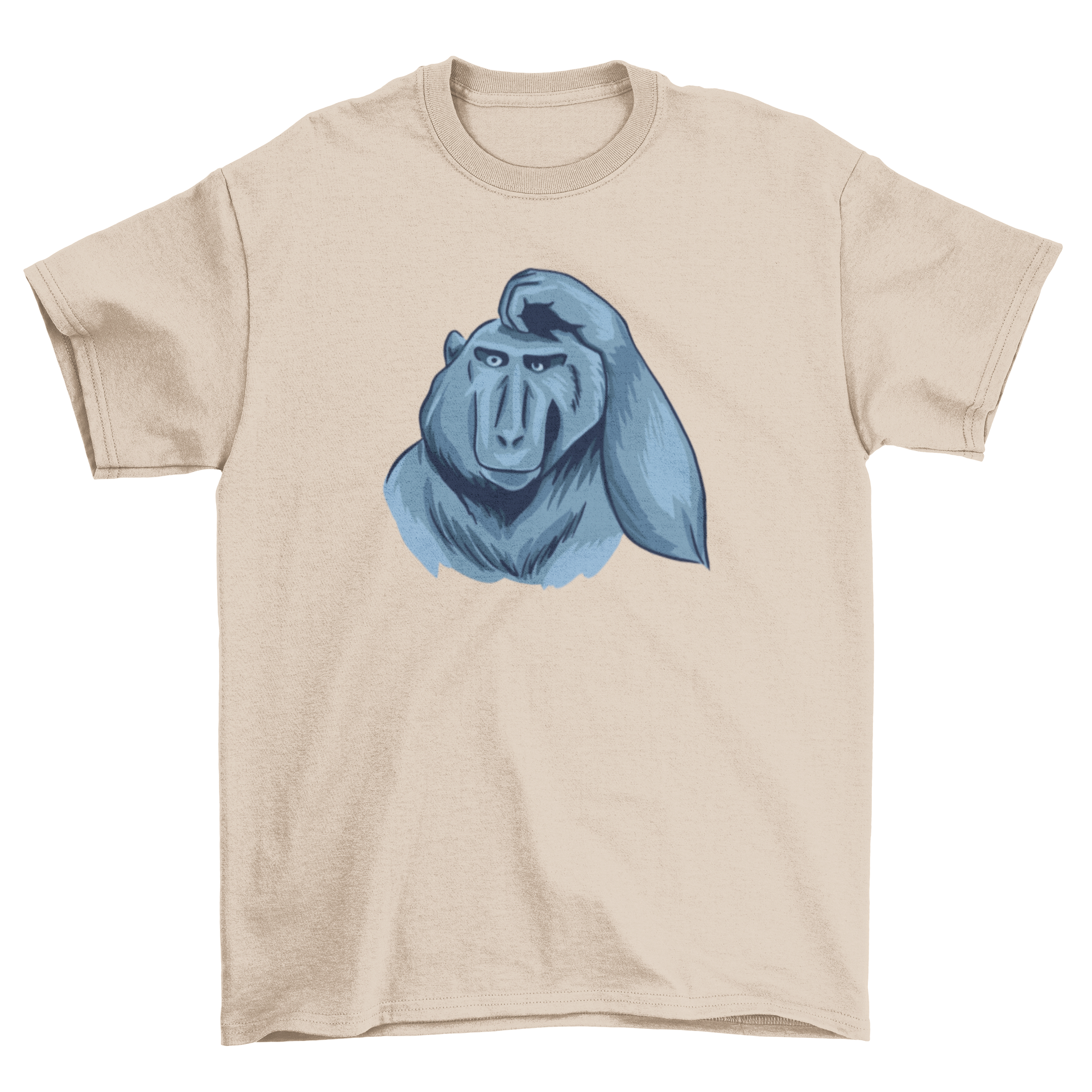 A playful t-shirt featuring a monkey scratching its head, showcasing a fun and quirky design.