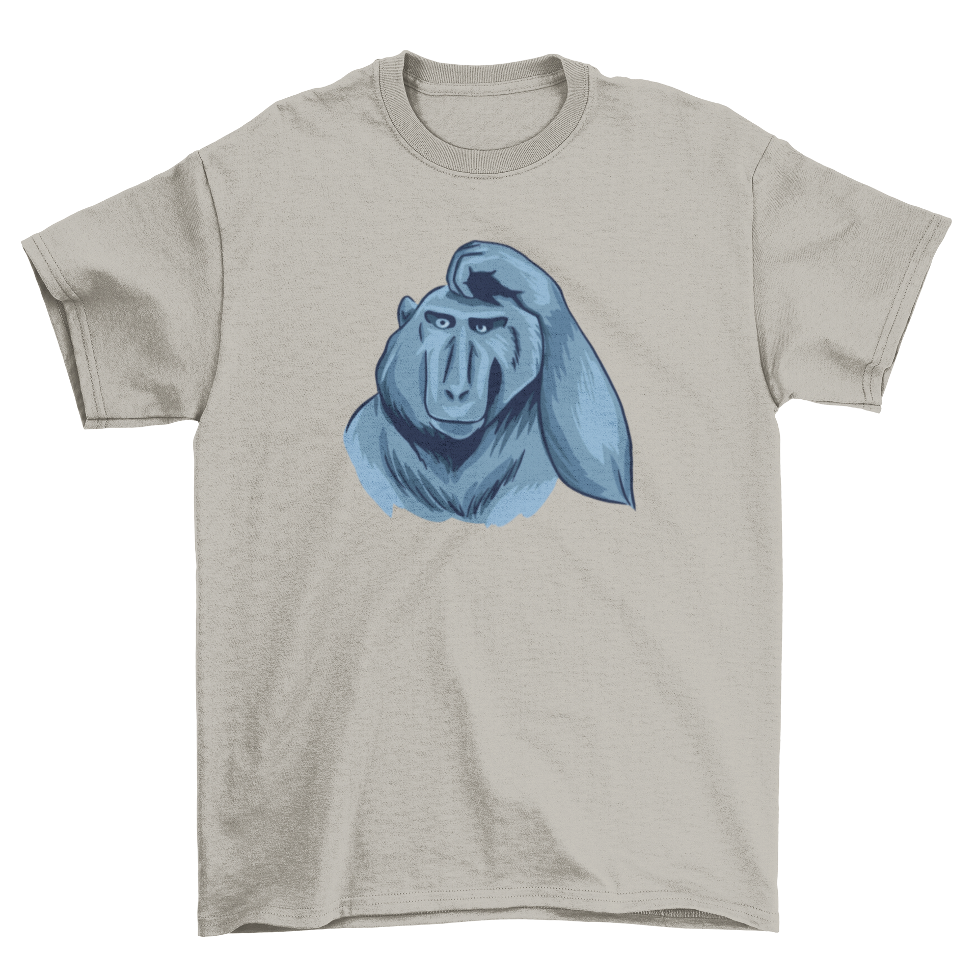 A playful t-shirt featuring a monkey scratching its head, showcasing a fun and quirky design.