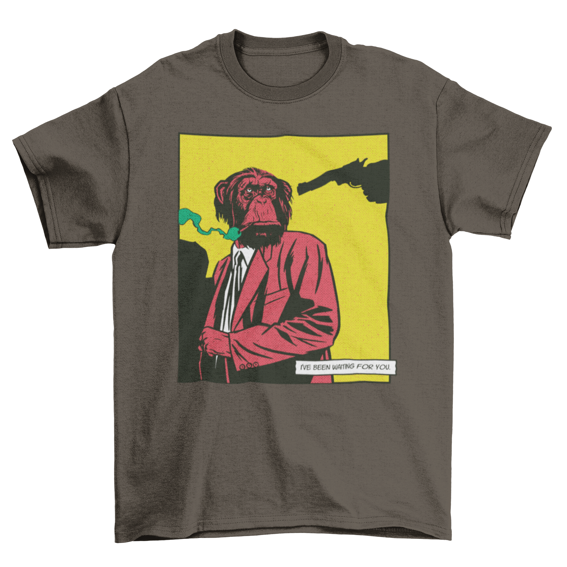 A stylish monkey in a fancy suit smoking a cigarette on a t-shirt, showcasing a unique comic design.