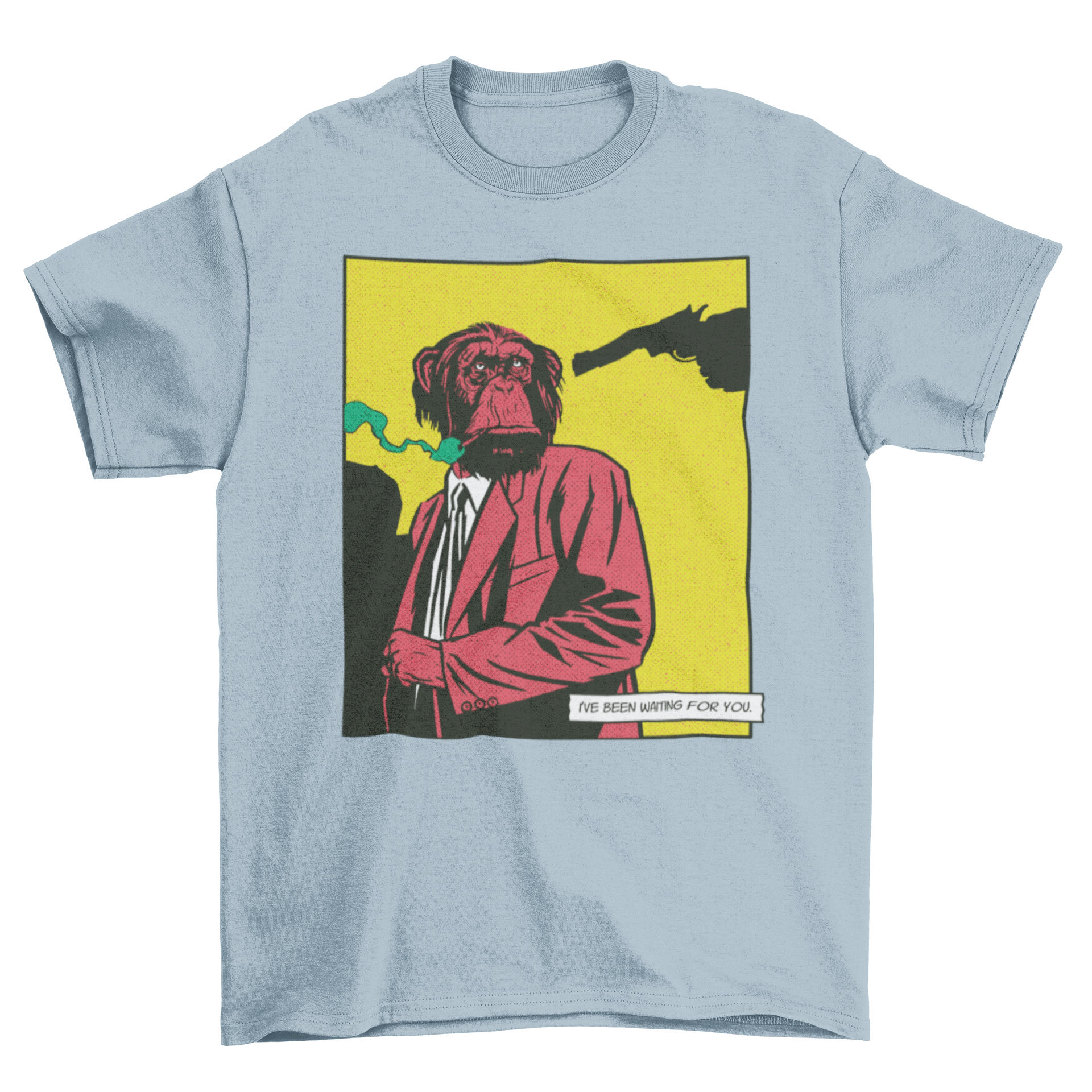 A stylish monkey in a fancy suit smoking a cigarette on a t-shirt, showcasing a unique comic design.