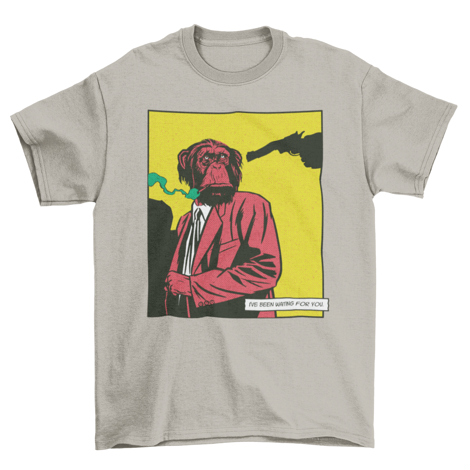 A stylish monkey in a fancy suit smoking a cigarette on a t-shirt, showcasing a unique comic design.