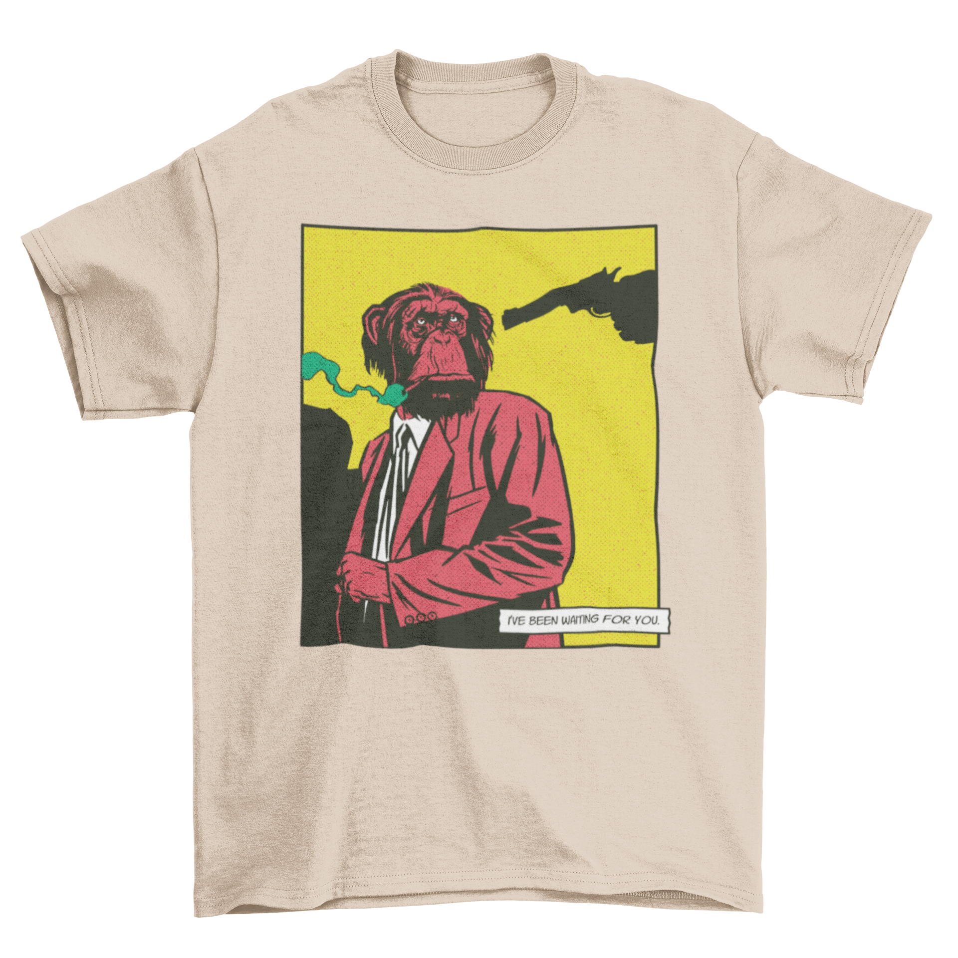 A stylish monkey in a fancy suit smoking a cigarette on a t-shirt, showcasing a unique comic design.